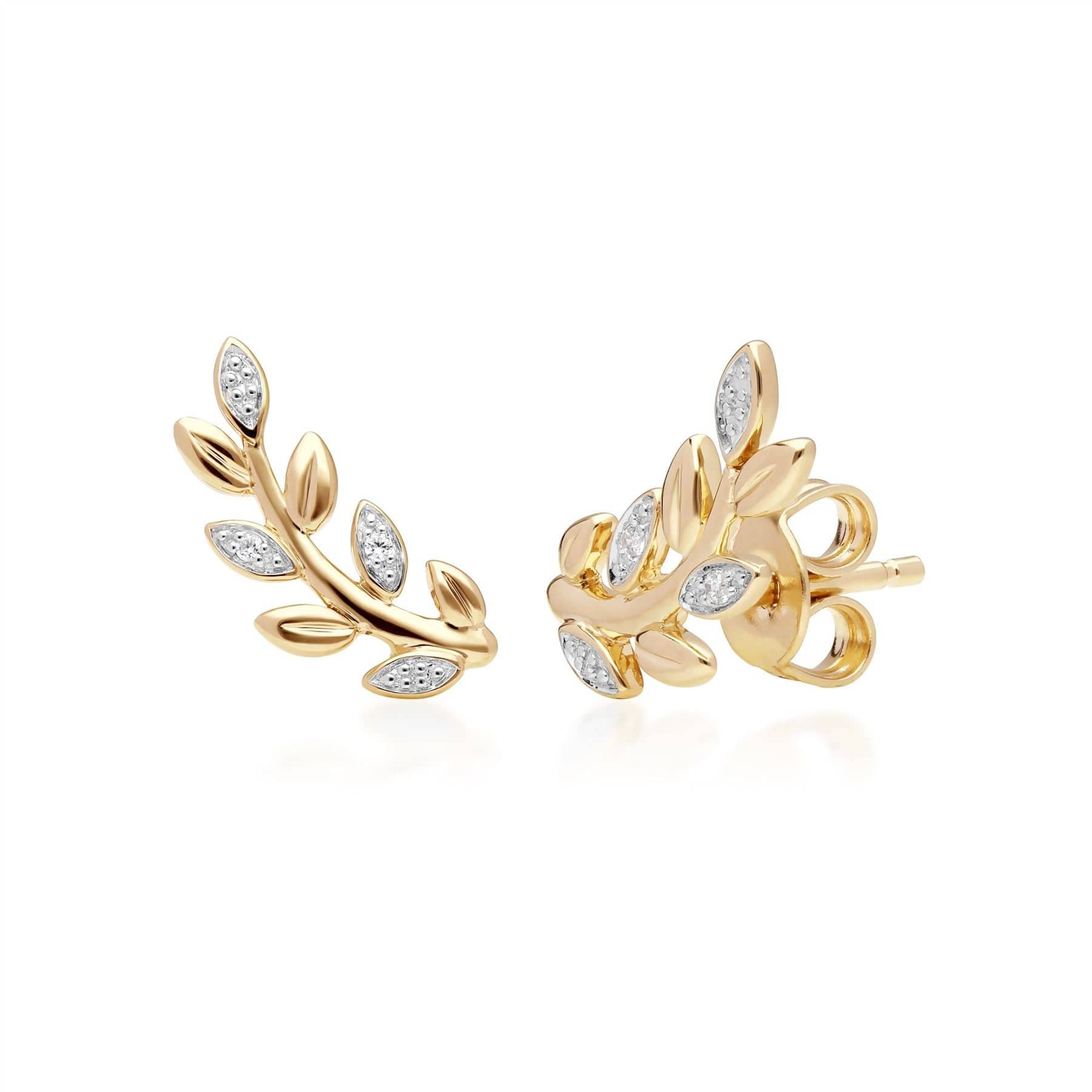 191E0403019 O Leaf Diamond Pave Stud Earrings in 9ct Yellow Gold 1