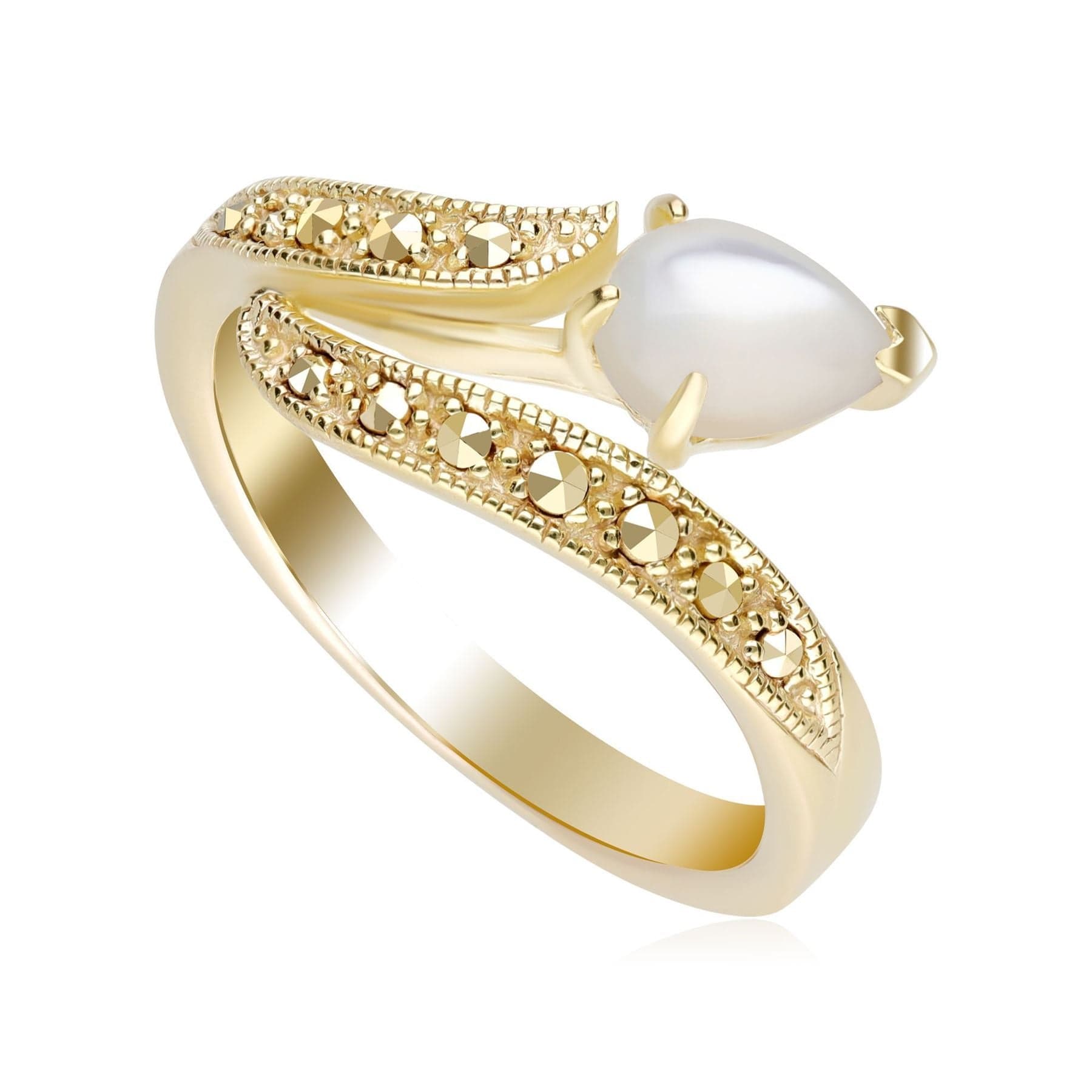234R043801925 Art Nouveau Inspired Mother of Pearl & Marcasite Twist Ring in 18ct Gold Plated Silver 1