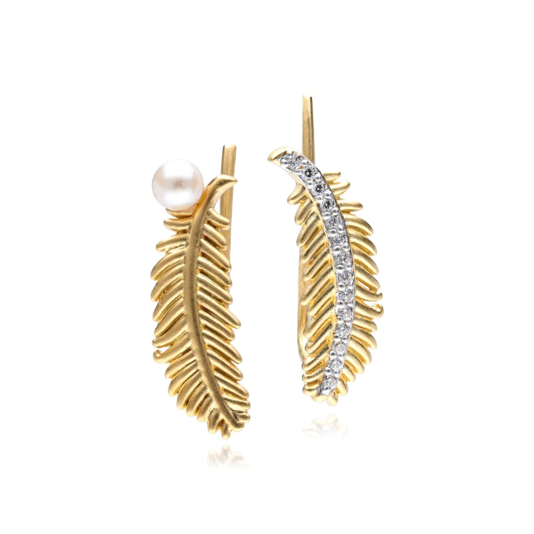 135E1777019 ECFEW™ Unifier Diamond & Cultured Pearl Feather Earrings In 9ct Yellow Gold 1