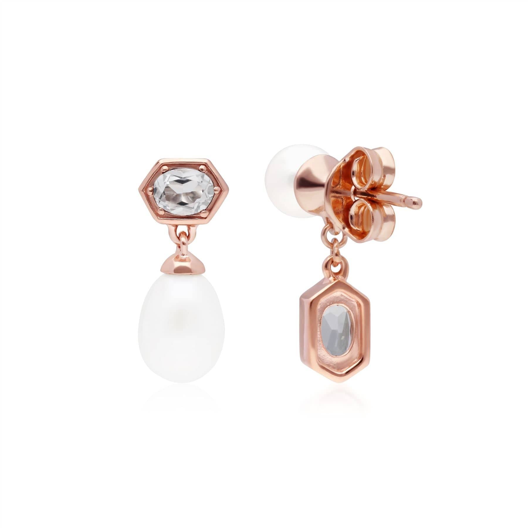 270E030409925 Modern Pearl & White Topaz Mismatched Drop Earrings in Rose Gold Plated Silver 2