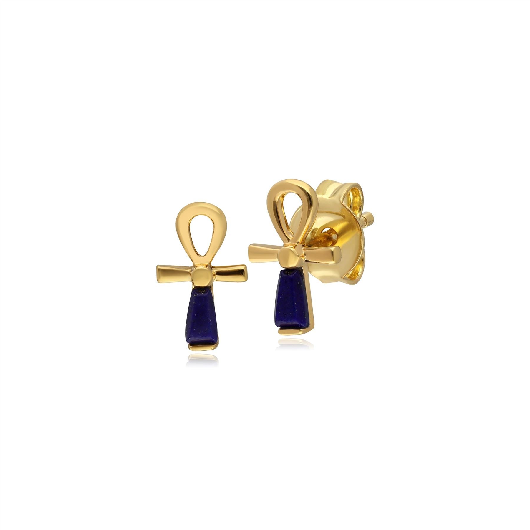 133E4120019 ECFEW™ Lapis Lazuli Ankh Stud Earrings In 9ct Yellow Gold 1