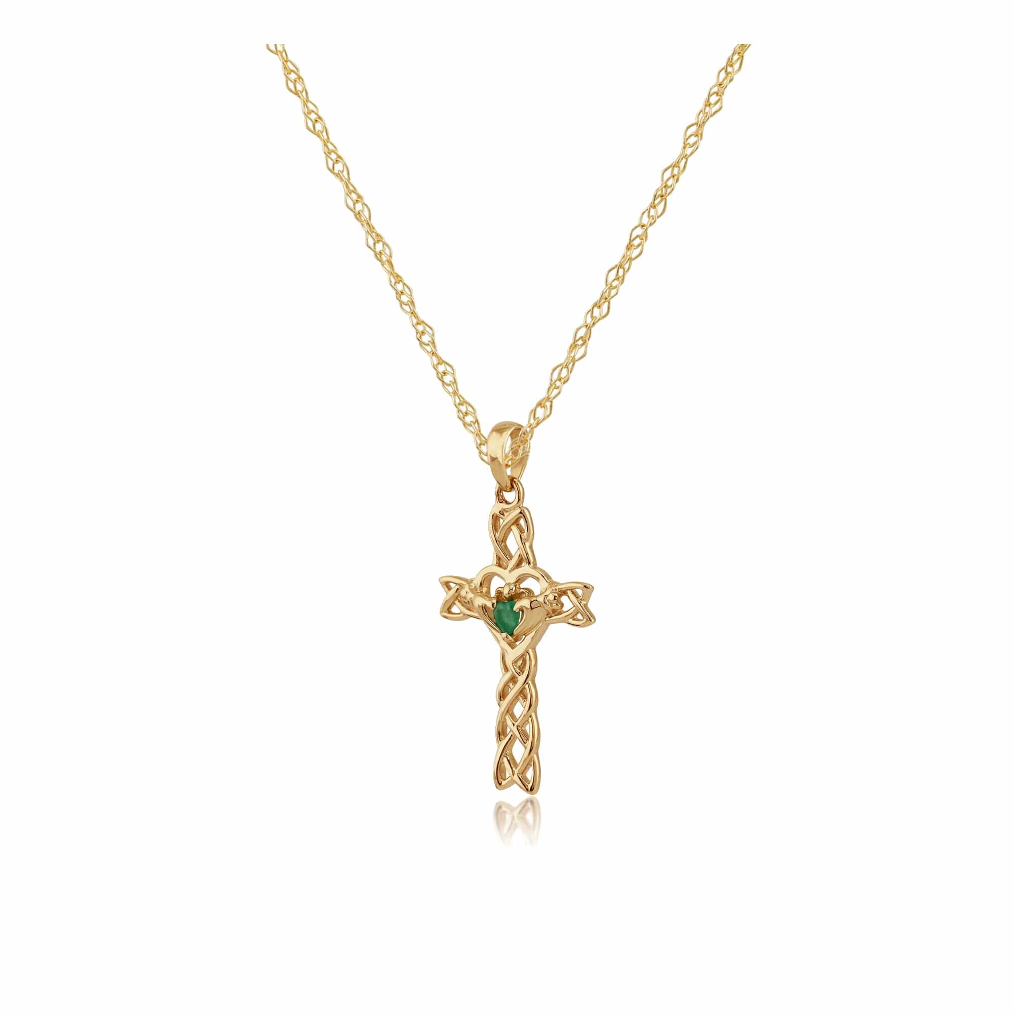21071 Classic Heart Emerald Claddagh Cross Pendant in 9ct Yellow Gold 2