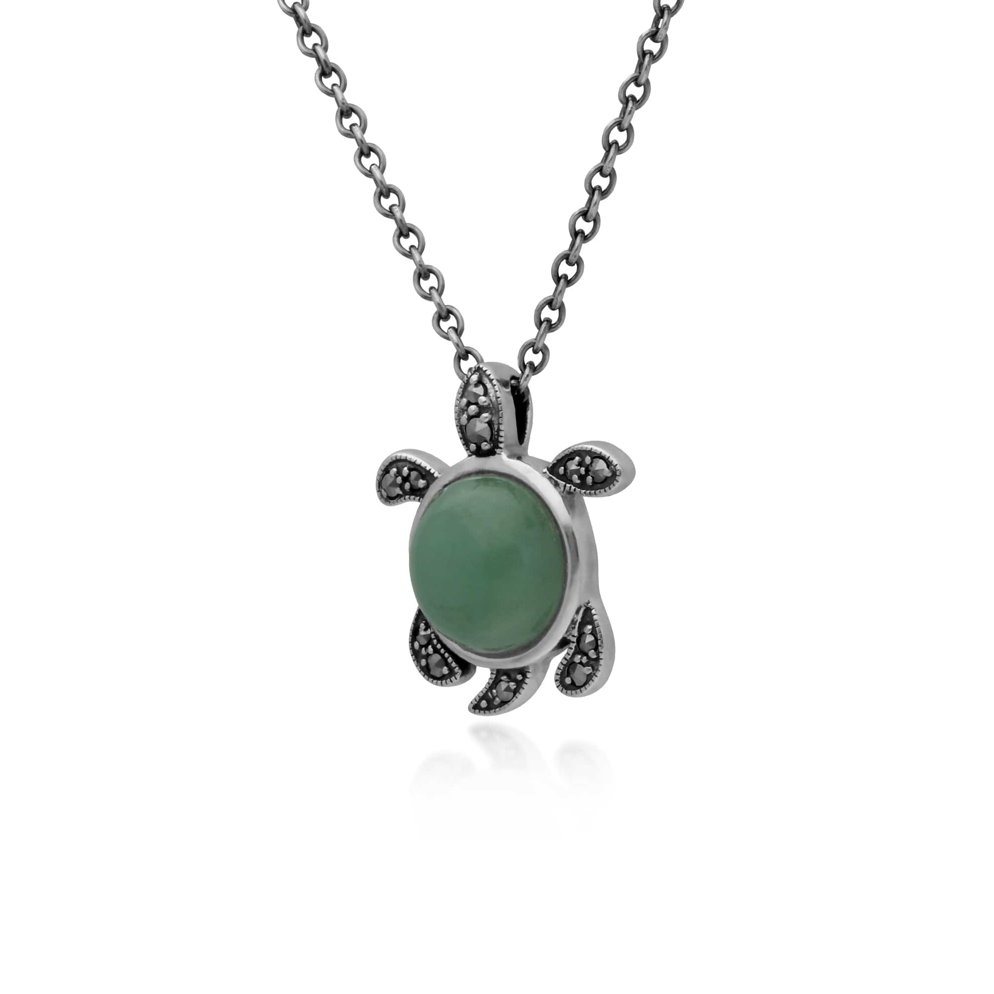 Green Jade & Marcasite Turtle Necklace in 925 Sterling Silver - Gemondo