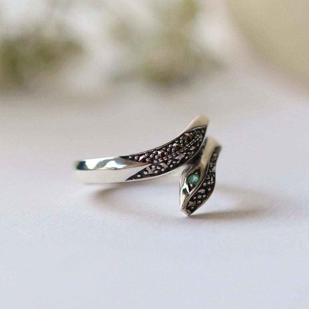 214R035402925 Art Nouveau Style Round Emerald & Marcasite Snake Ring in 925 Sterling Silver 2