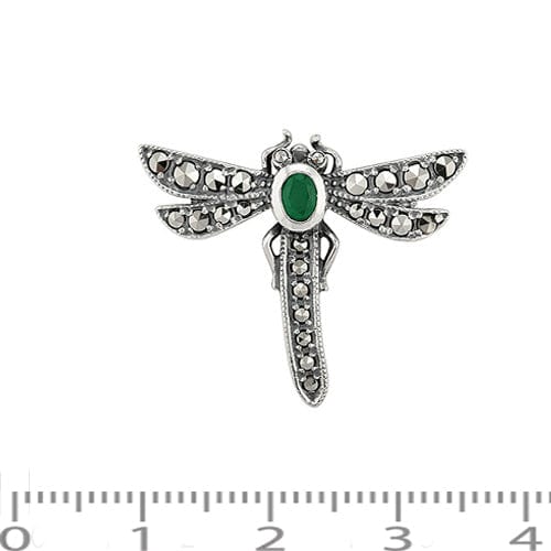 21863 Art Nouveau Style Oval Marcasite & Emerald Dragonfly Brooch in 925 Sterling Silver 2