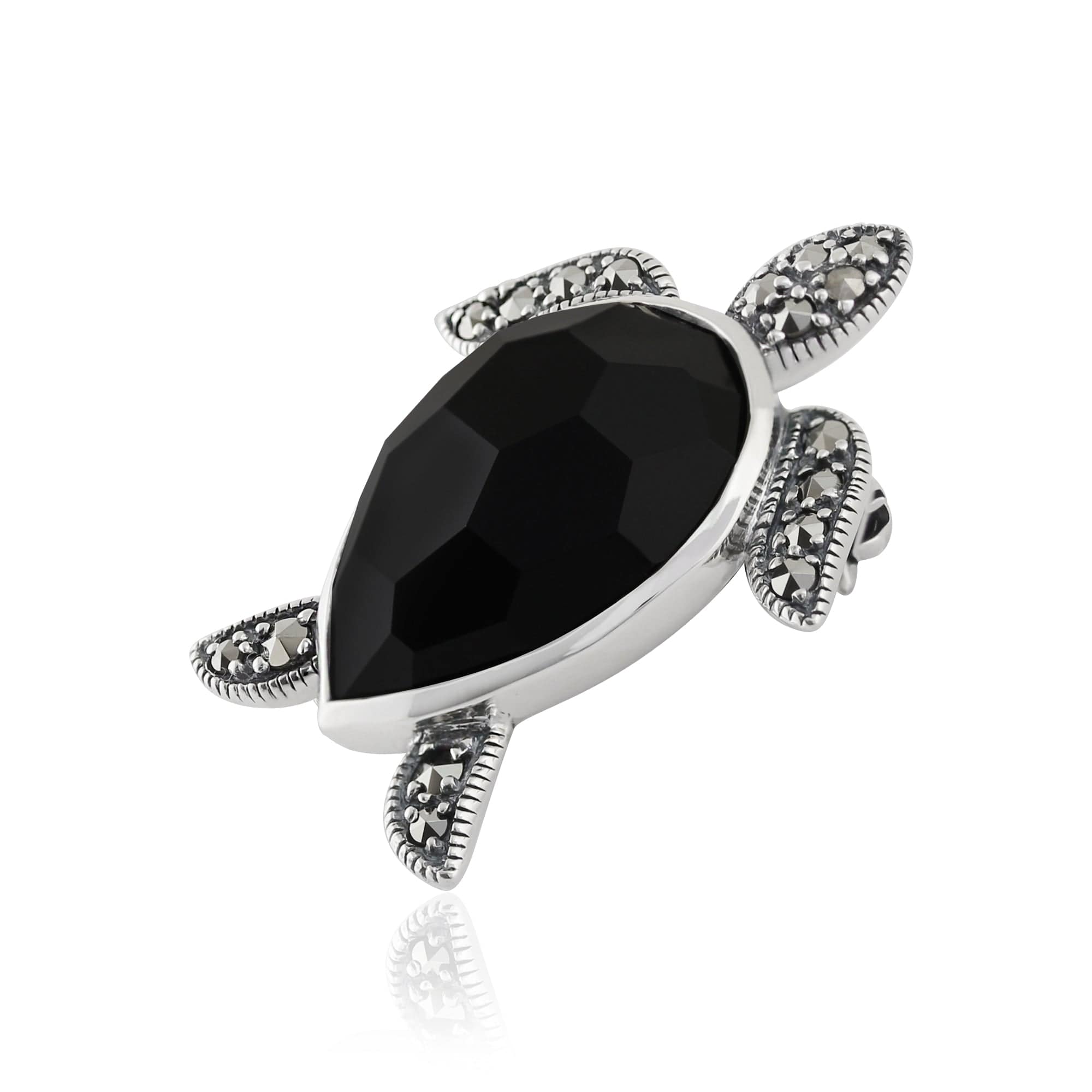 Black Onyx & Marcasite Turtle Brooch in 925 Sterling Silver - Gemondo