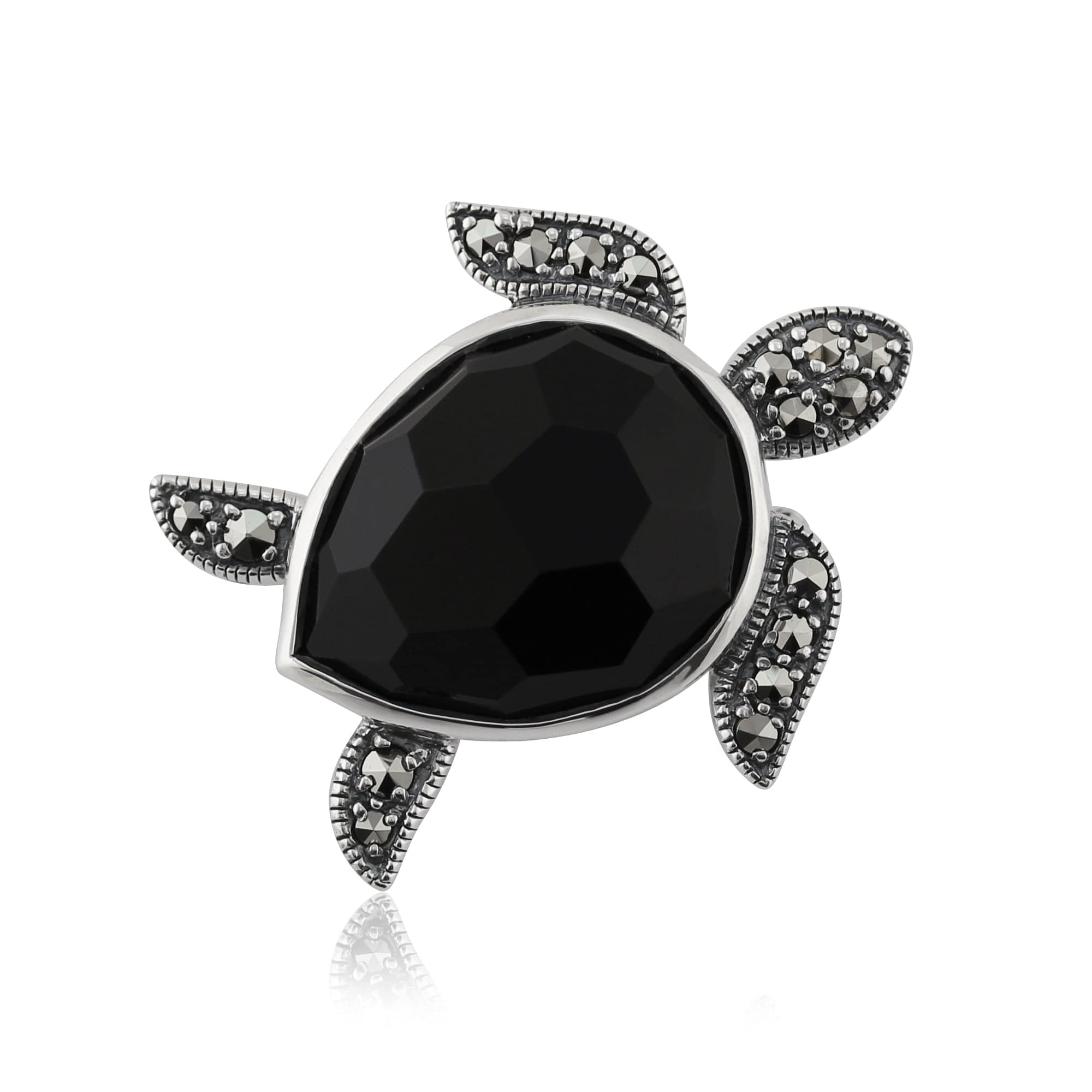 Black Onyx & Marcasite Turtle Brooch in 925 Sterling Silver - Gemondo
