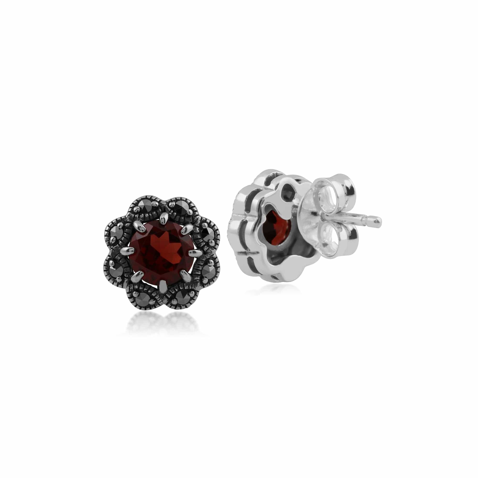 214E731505925 Floral Round Garnet & Marcasite Cluster Stud Earrings in 925 Sterling Silver 2