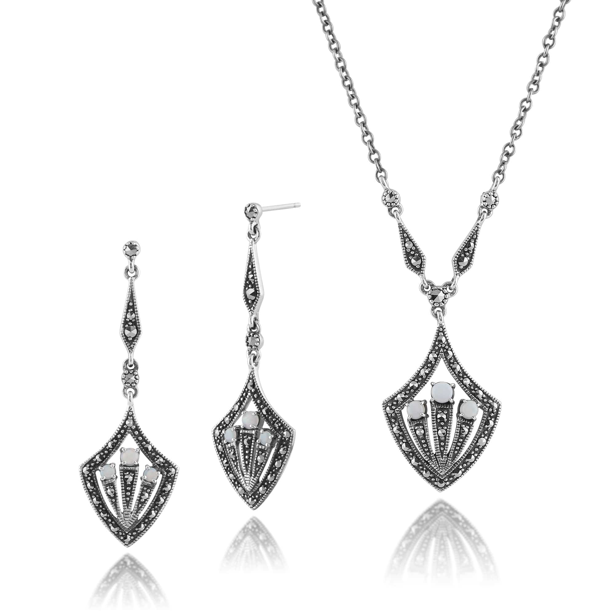 214E804701925-214N628501925 Art Deco Style Opal & Marcasite Shield Drop Earrings & Necklace Set in Silver 1