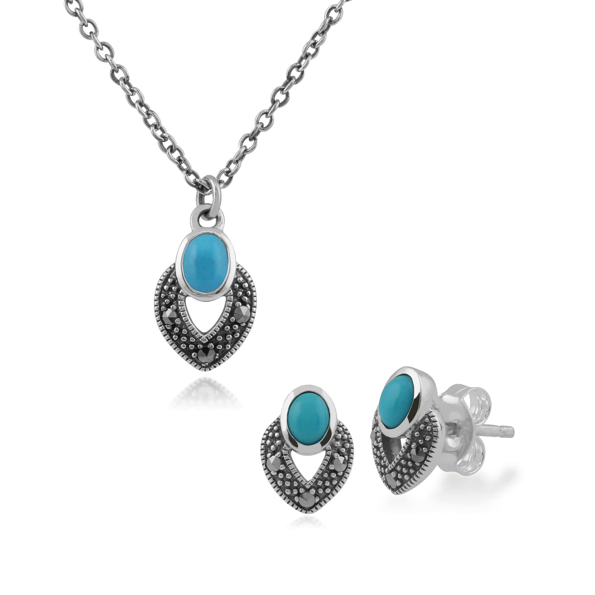 214E850102925-214N688202925 Art Deco Style Oval Turquoise & Marcasite Stud Earrings & Pendant Set in Sterling Silver 1