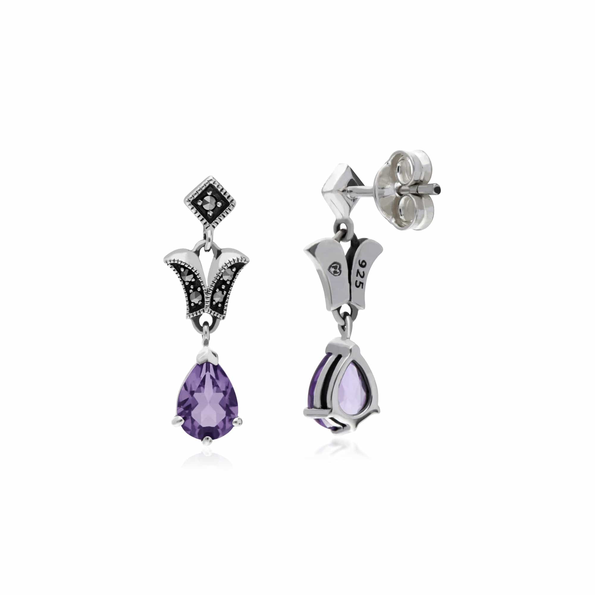 214E859601925 Art Nouveau Style Pear Amethyst & Marcasite Drop Earrings in 925 Sterling Silver 2