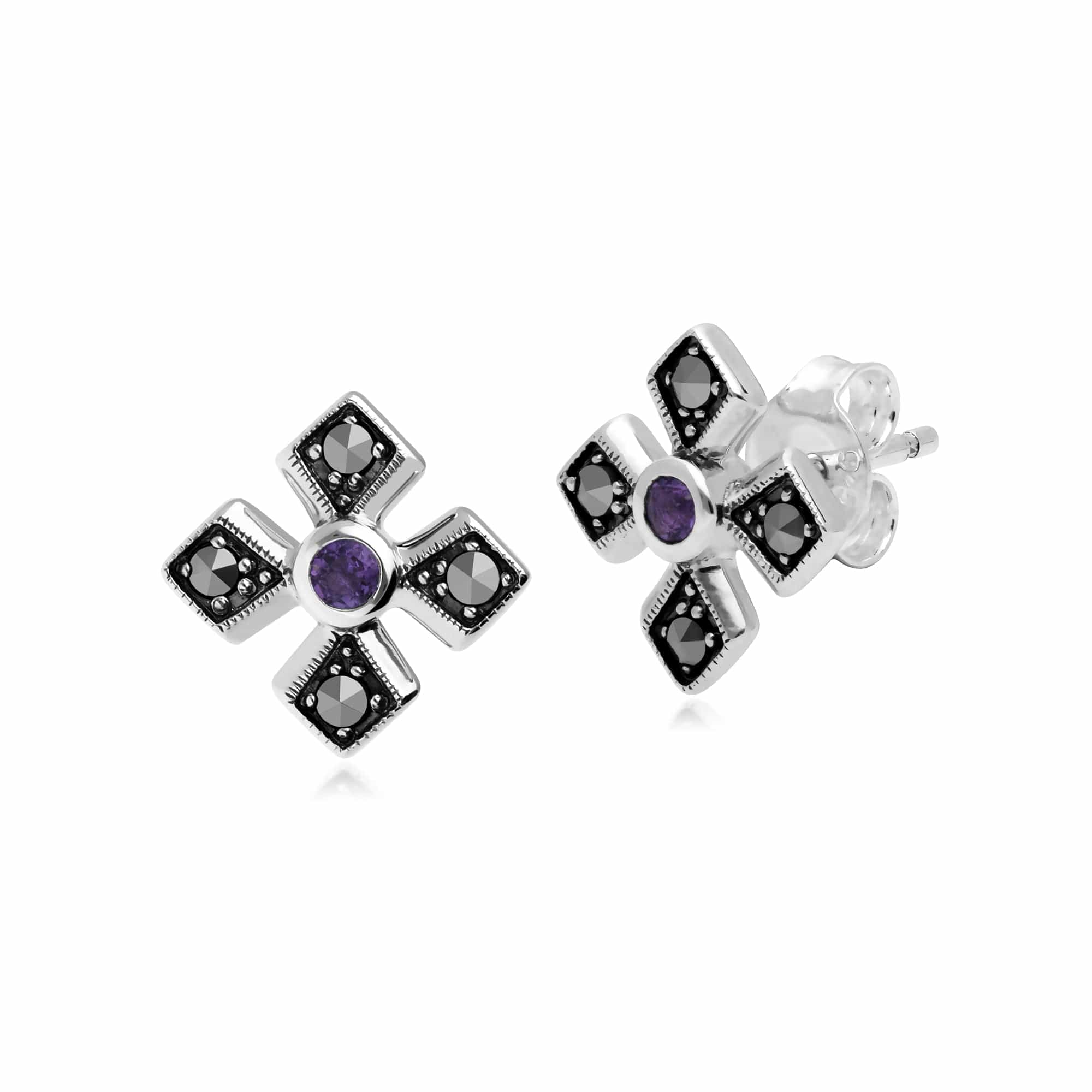 Gemondo Sterling Silver Marcasite & Amethyst Stud Earrings - Gemondo