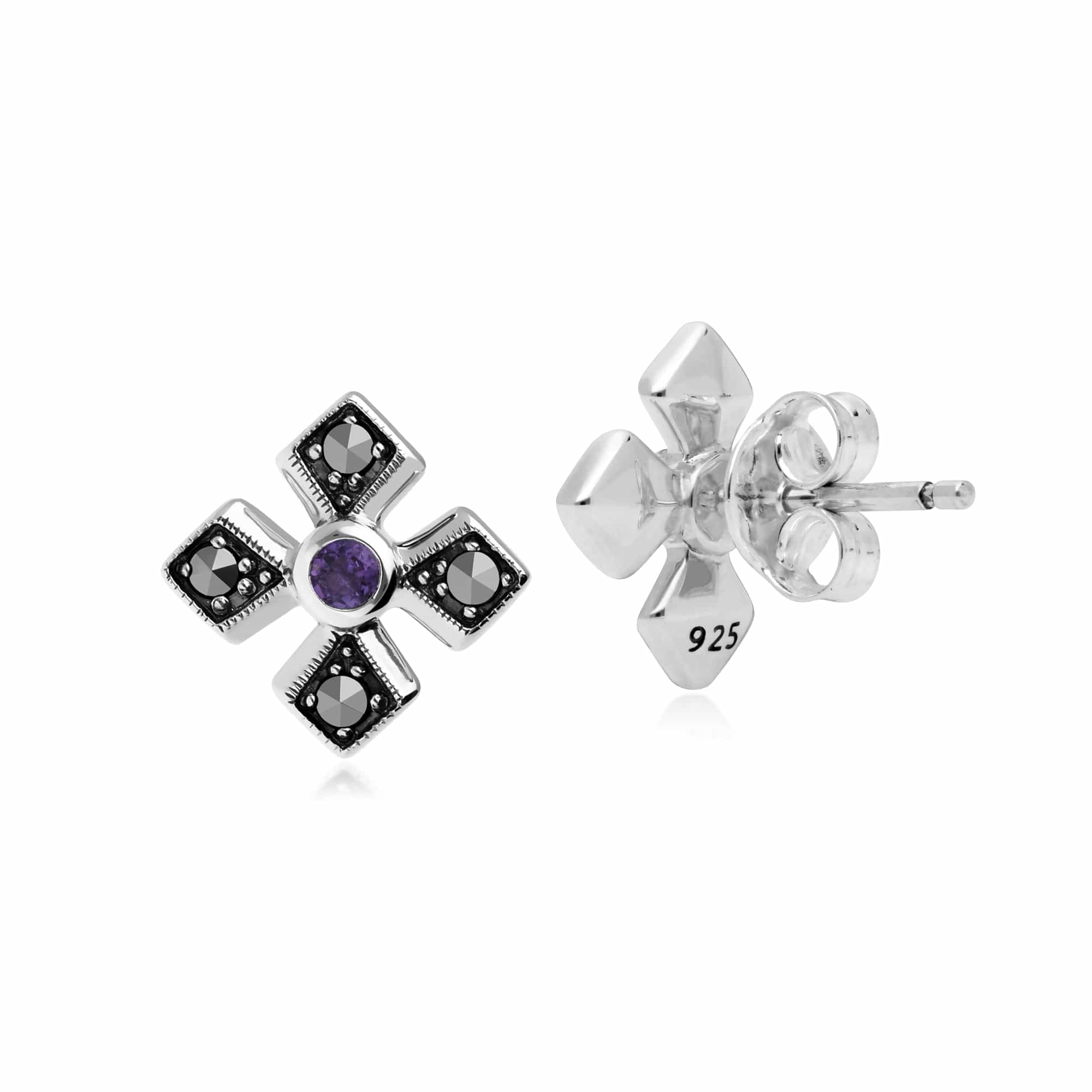 Gemondo Sterling Silver Marcasite & Amethyst Stud Earrings - Gemondo
