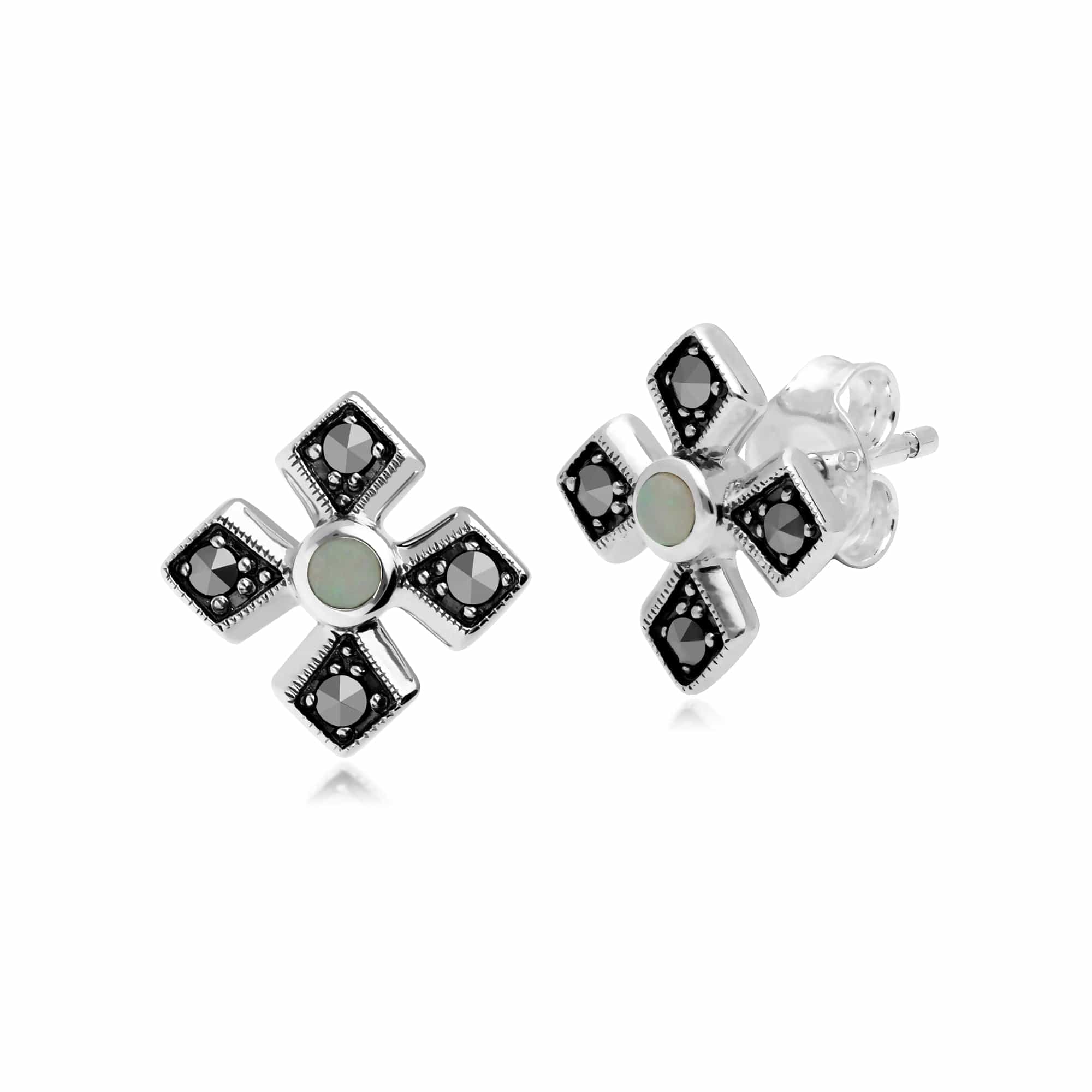 Art Deco Style Round Opal & Marcasite Gothic Style Cross Studs in 925 Sterling Silver - Gemondo