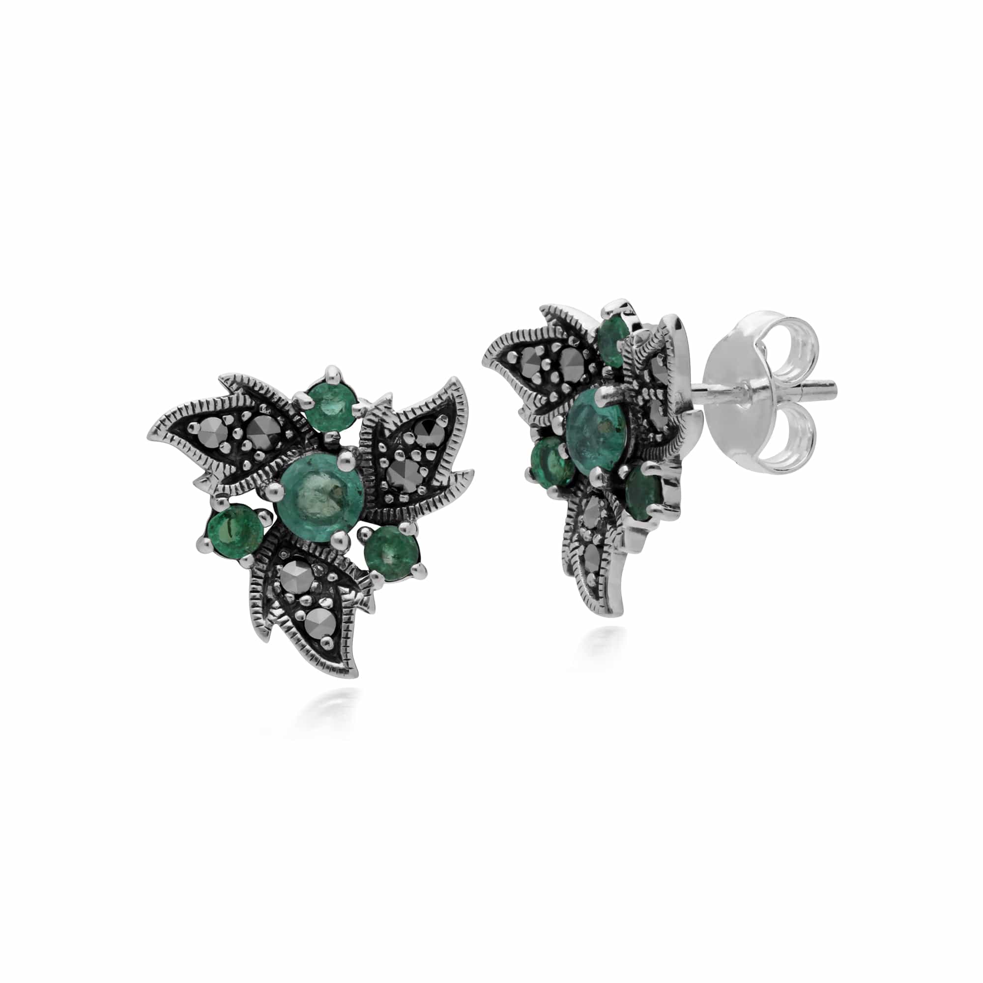 214E860407925 Art Nouveau Style Round Emerald & Marcasite Floral Stud Earrings in Sterling Silver 1