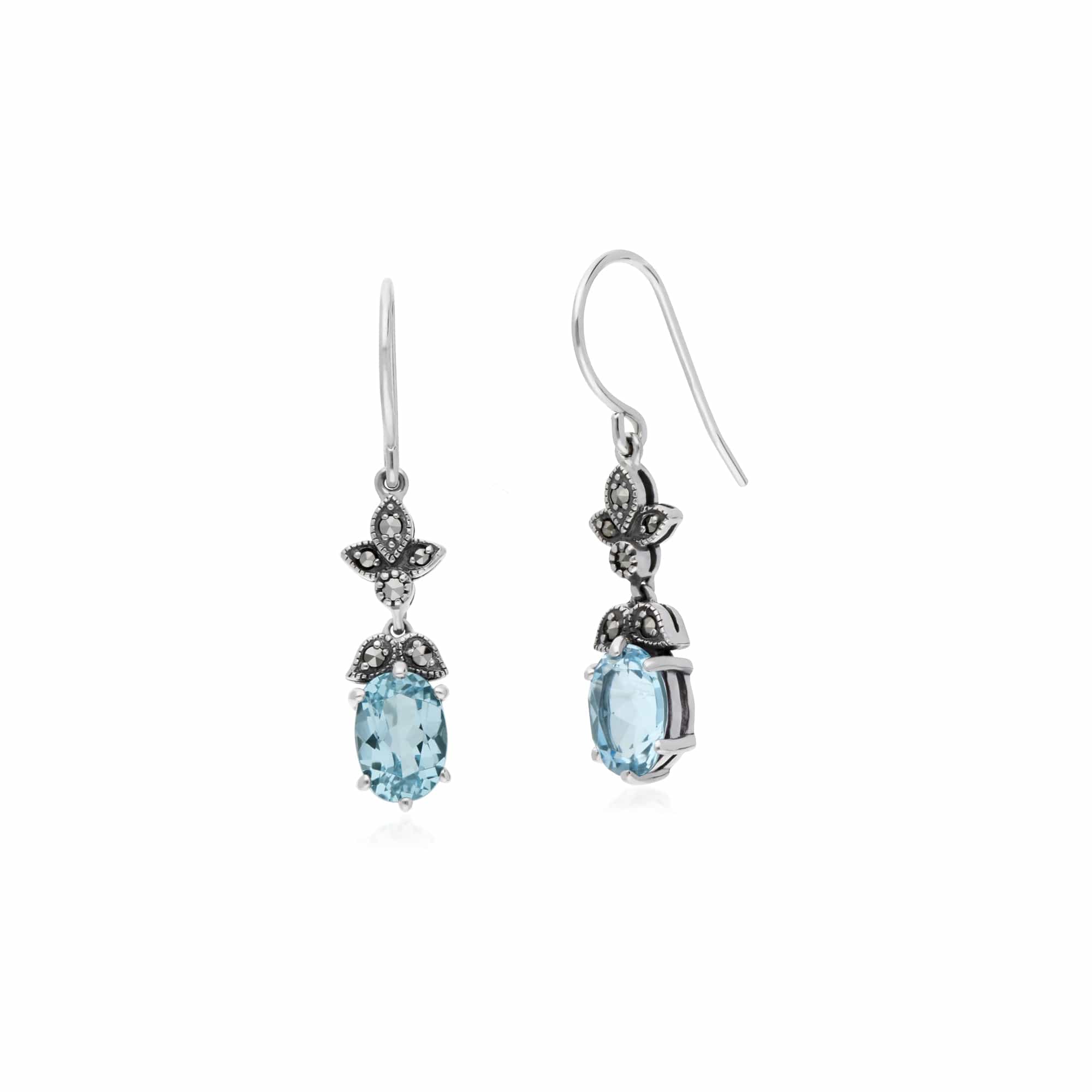 214E861103925 Art Nouveau Style Oval Blue Topaz & Marcasite Drop Earrings in 925 Sterling Silver 2