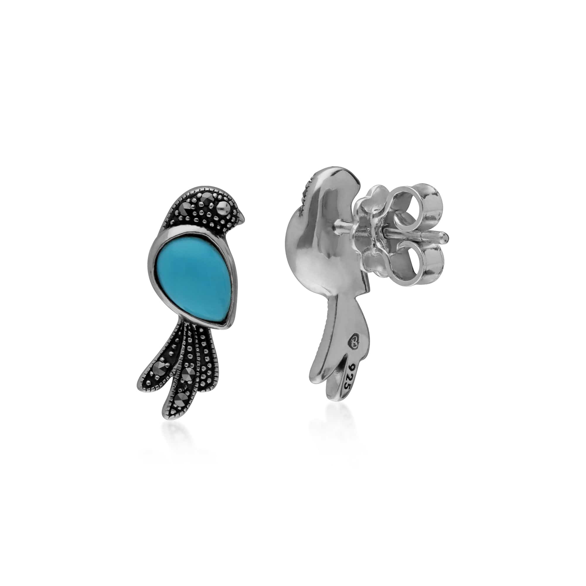 Classic Pear Turquoise & Marcasite Bird Stud Earrings in 925 Sterling Silver - Gemondo