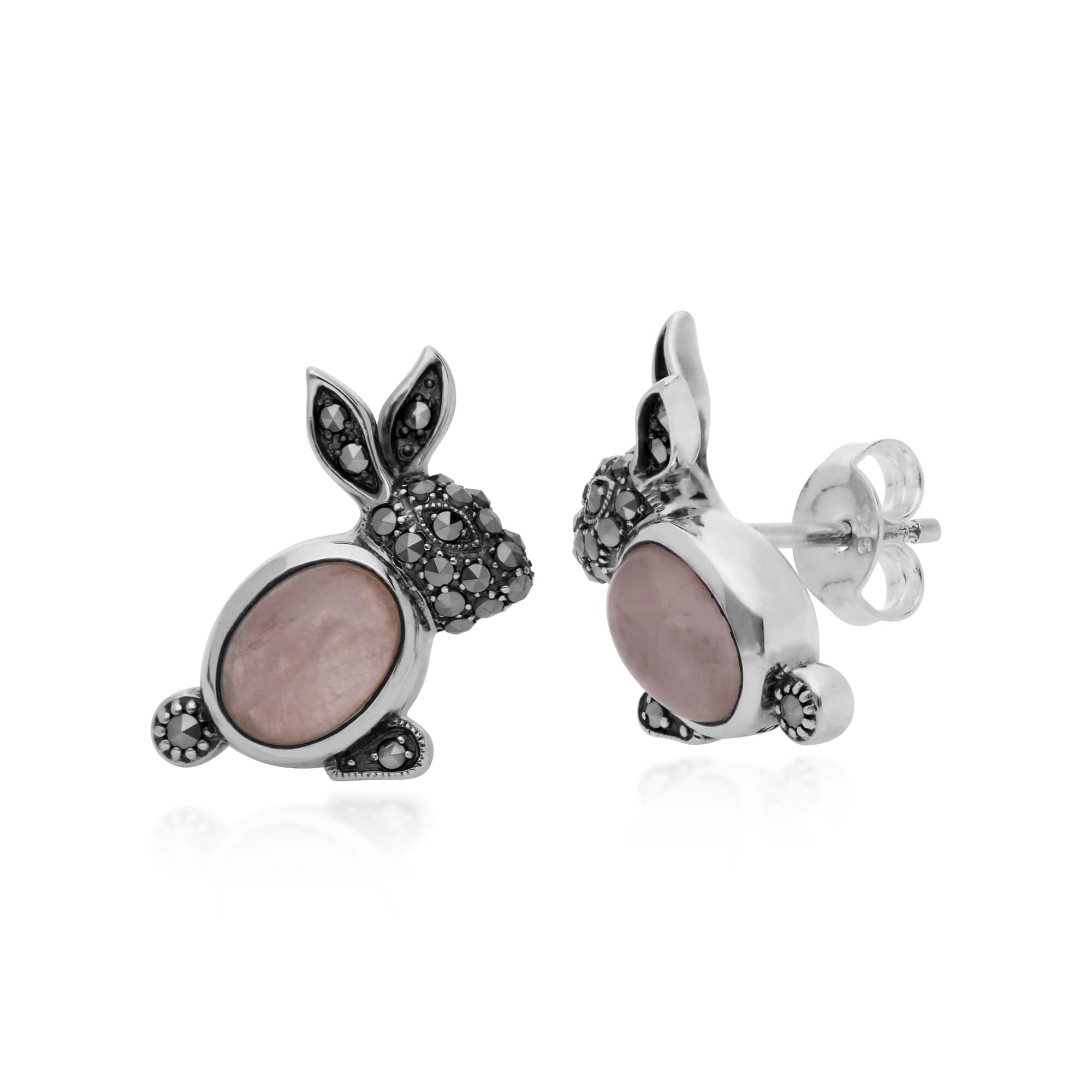 Gemondo Sterling Silver Rose Quartz & Marcasite Rabbit Stud Earrings - Gemondo