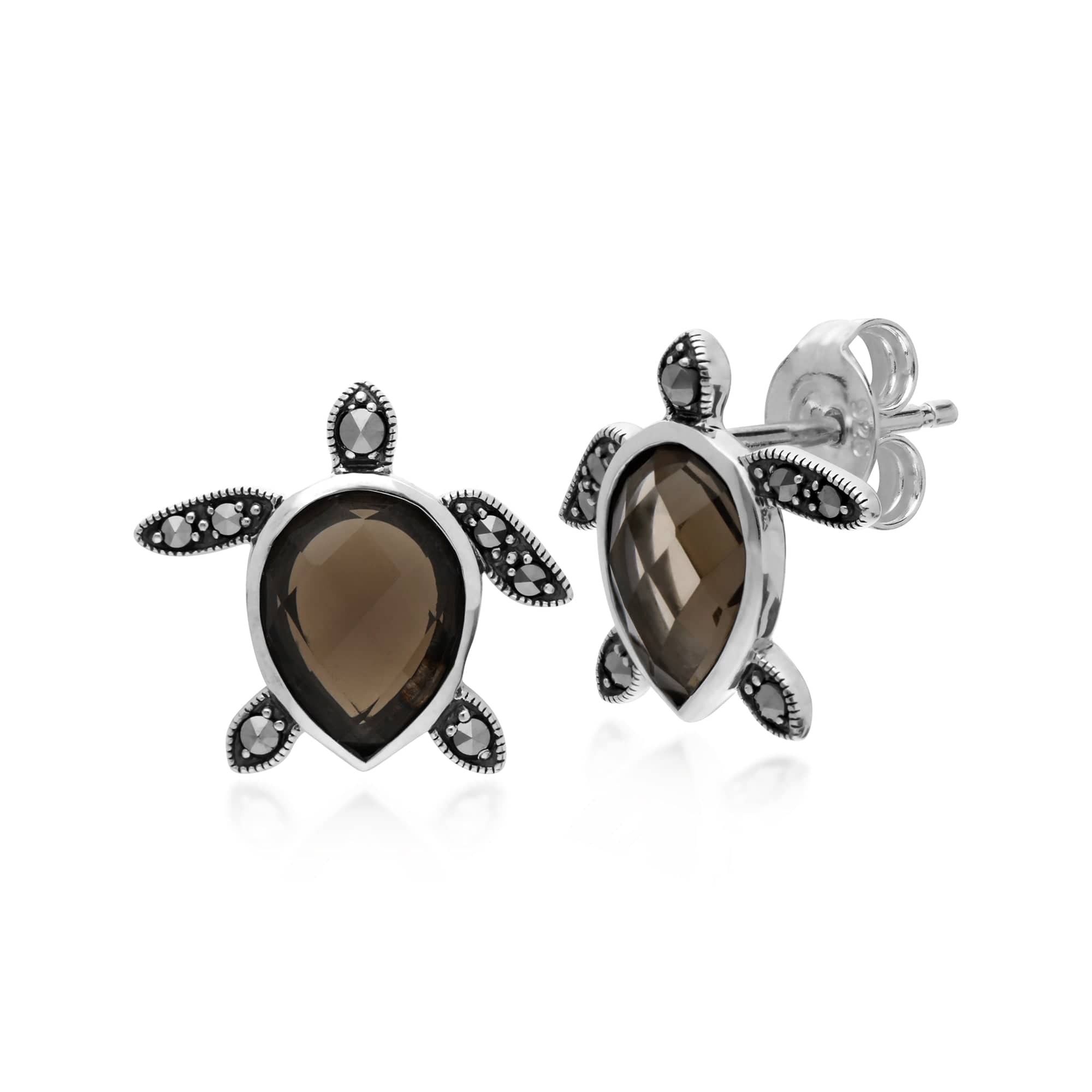 Gemondo Sterling Silver Smoky Quartz & Marcasite Turtle Stud Earrings - Gemondo