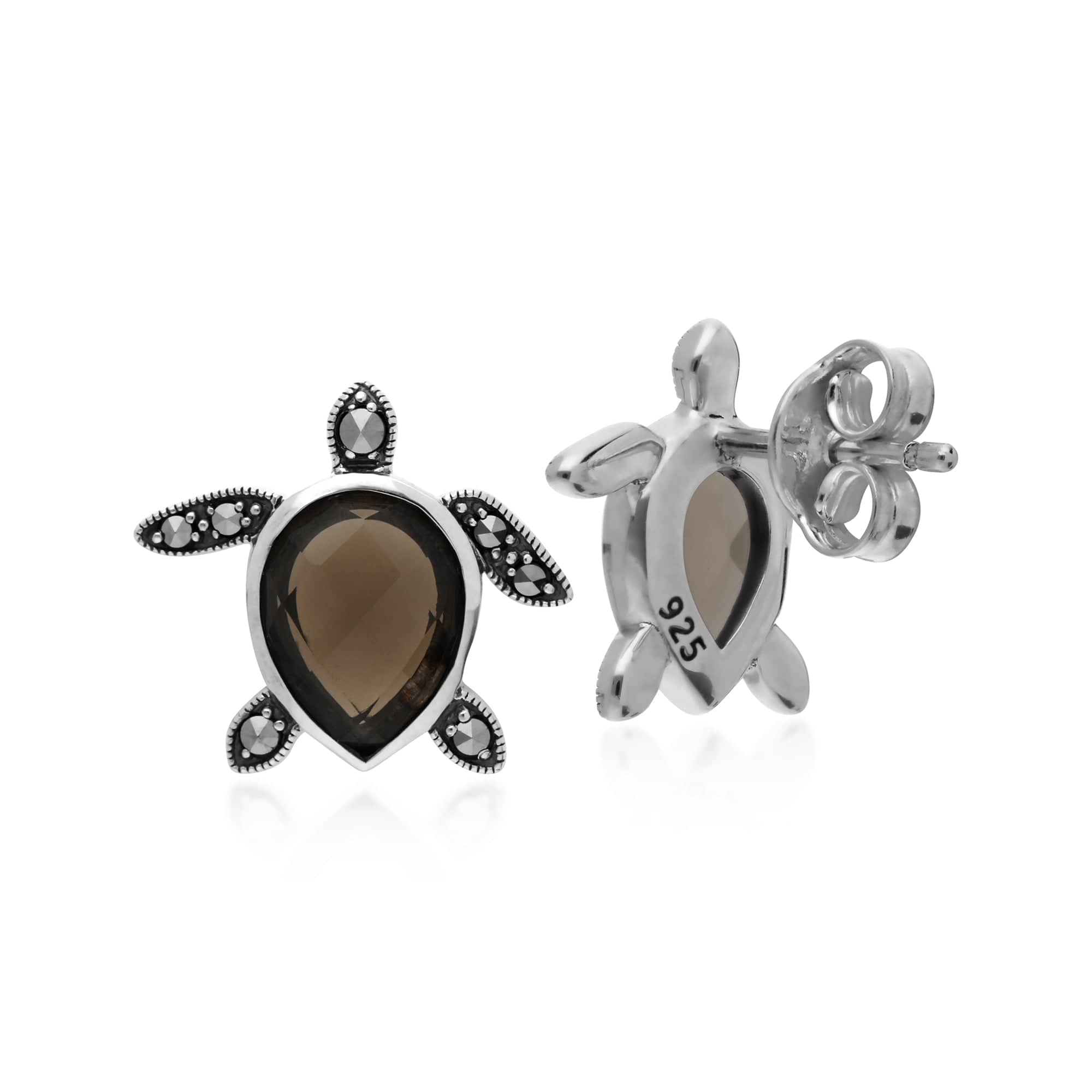 Gemondo Sterling Silver Smoky Quartz & Marcasite Turtle Stud Earrings - Gemondo