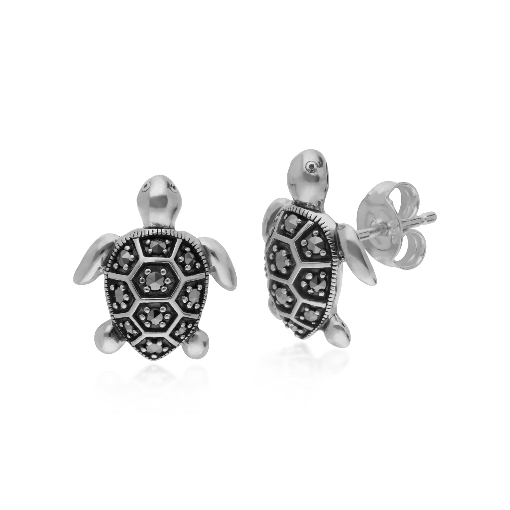 Marcasite Turtle Stud Earrings in 925 Sterling Silver - Gemondo