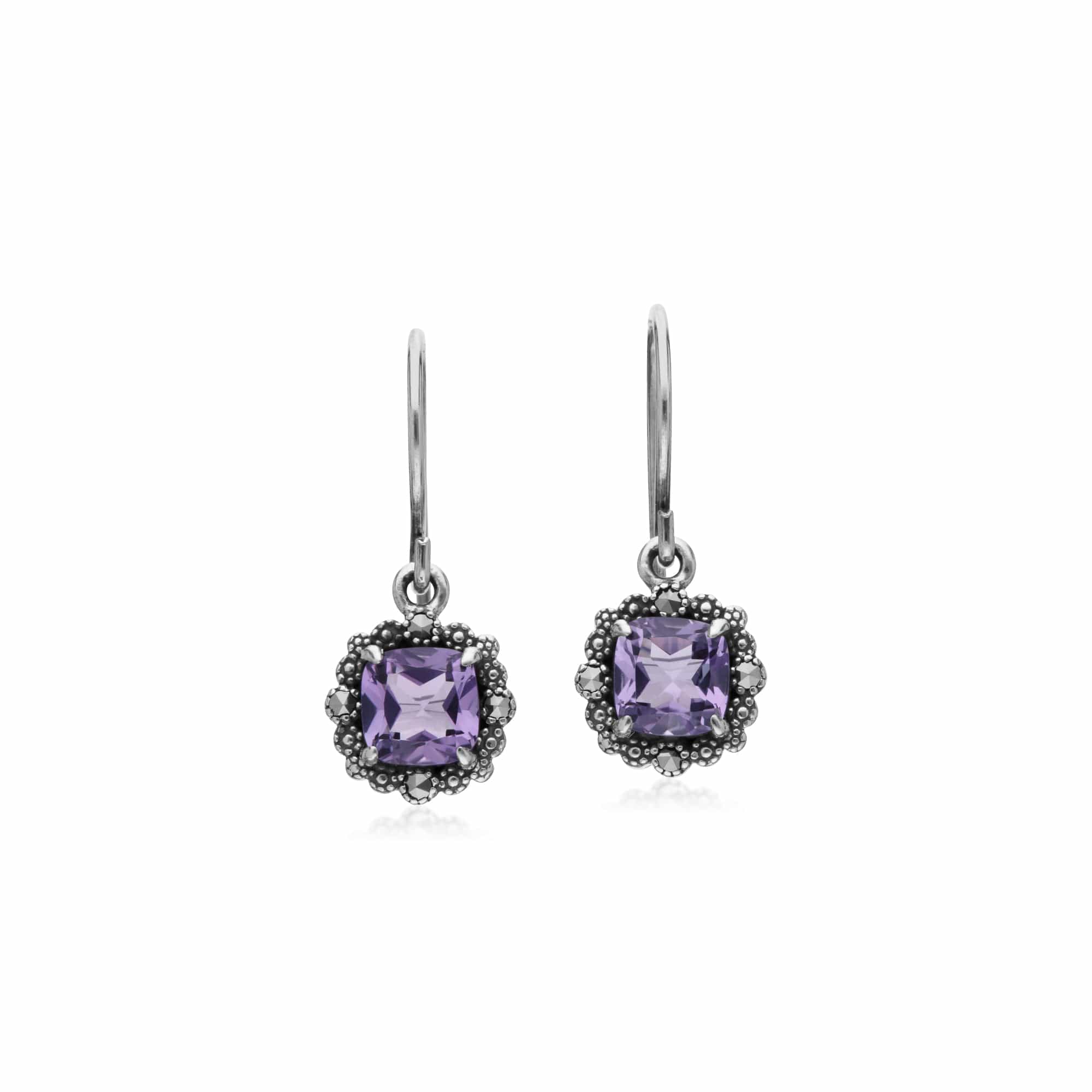 214E870902925-214P301501925 Art Deco Style Cushion Amethyst & Marcasite Cushion Drop Earrings & Necklace Set in 925 Sterling Silver 2