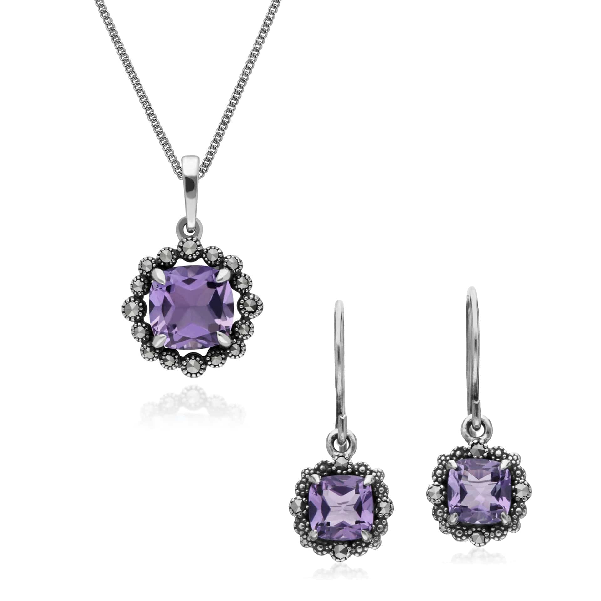 214E870902925-214P301501925 Art Deco Style Cushion Amethyst & Marcasite Cushion Drop Earrings & Necklace Set in 925 Sterling Silver 1