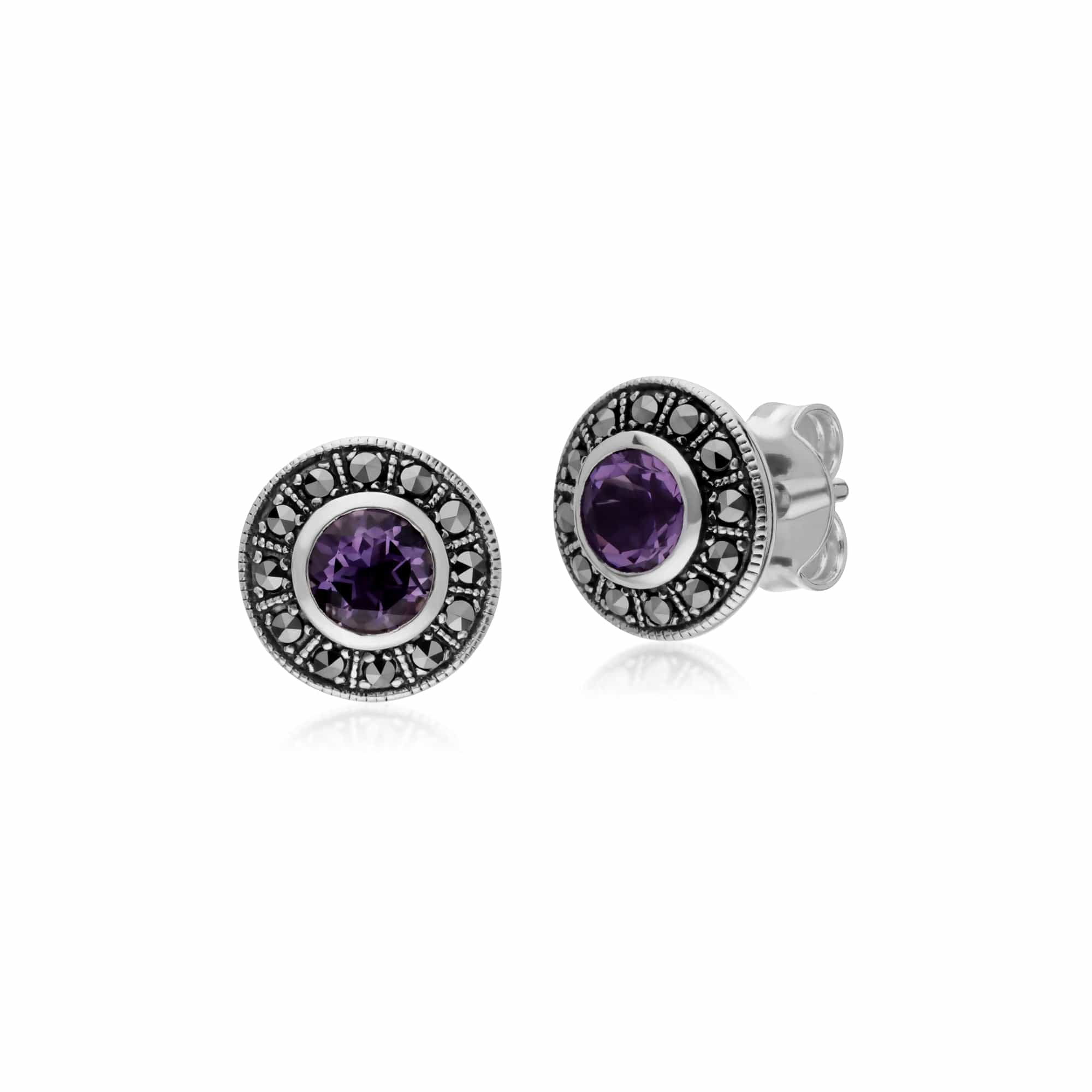 214E872701925 Gemondo Sterling Silver Round Amethyst and Marcasite Cluster Stud Earrings 1