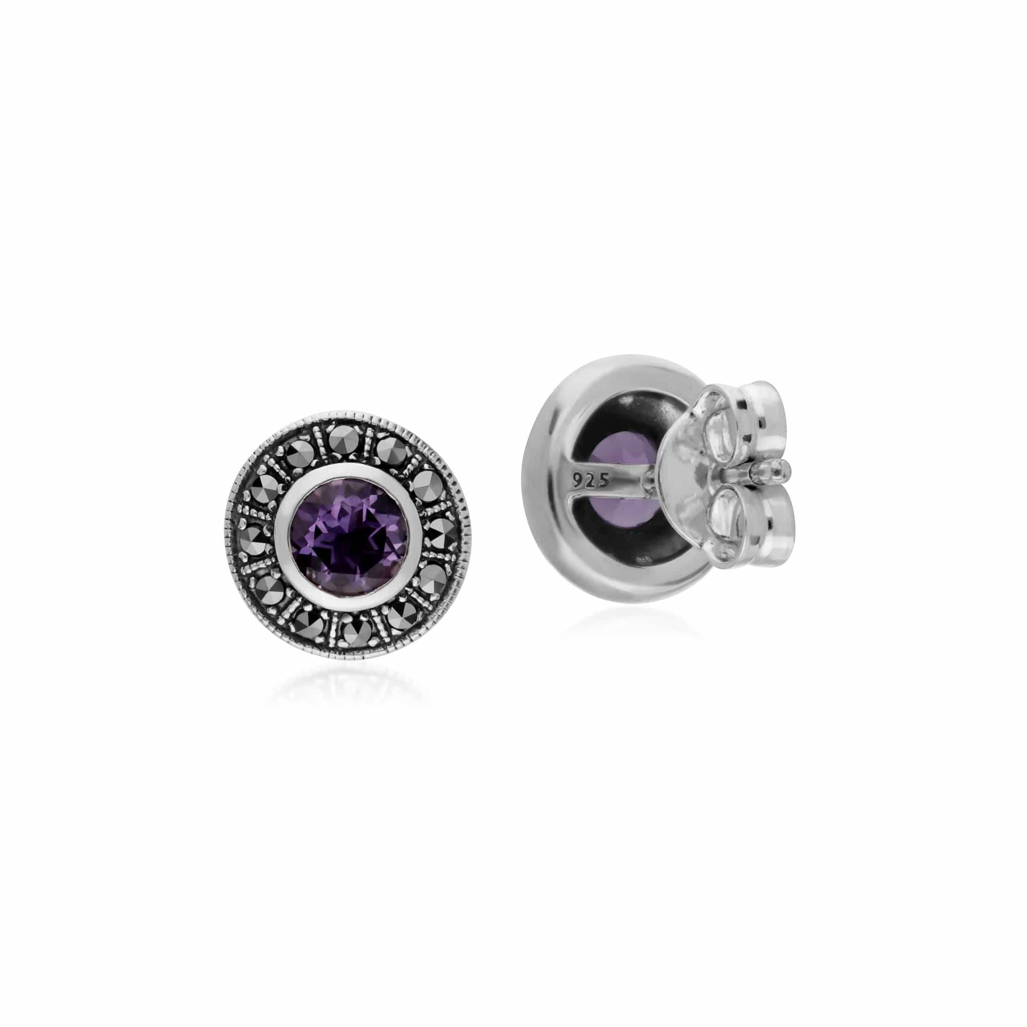 214E872701925 Gemondo Sterling Silver Round Amethyst and Marcasite Cluster Stud Earrings 2
