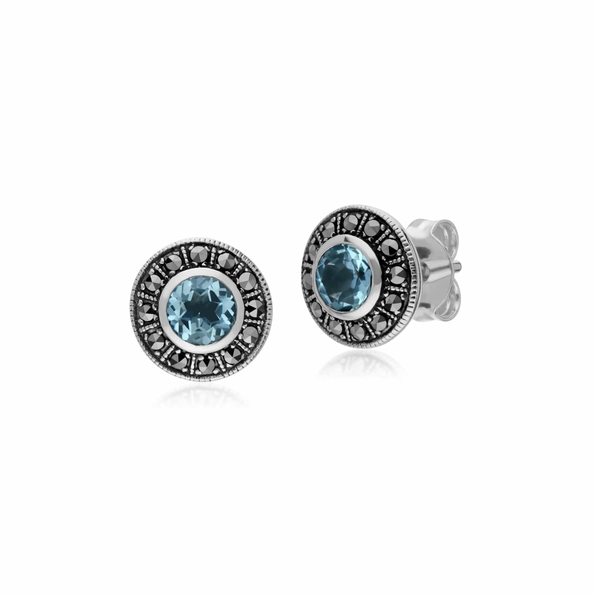 214E872702925-214R605701925 Art Deco Style Oval Blue Topaz and Marcasite Cluster Stud Earrings & Ring Set in 925 Sterling Silver 2
