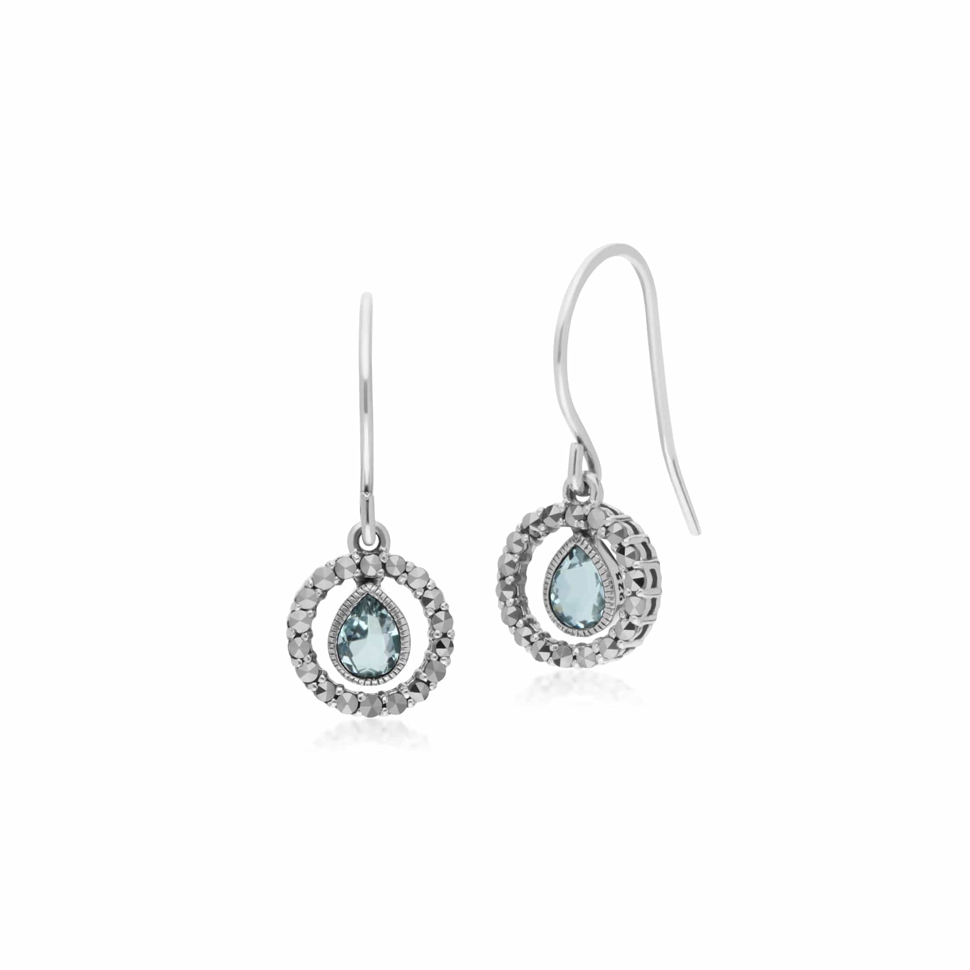 214E872804925 Gemondo Sterling Silver Tear Drop Blue Topaz and Round Marcasite Drop Earrings 1