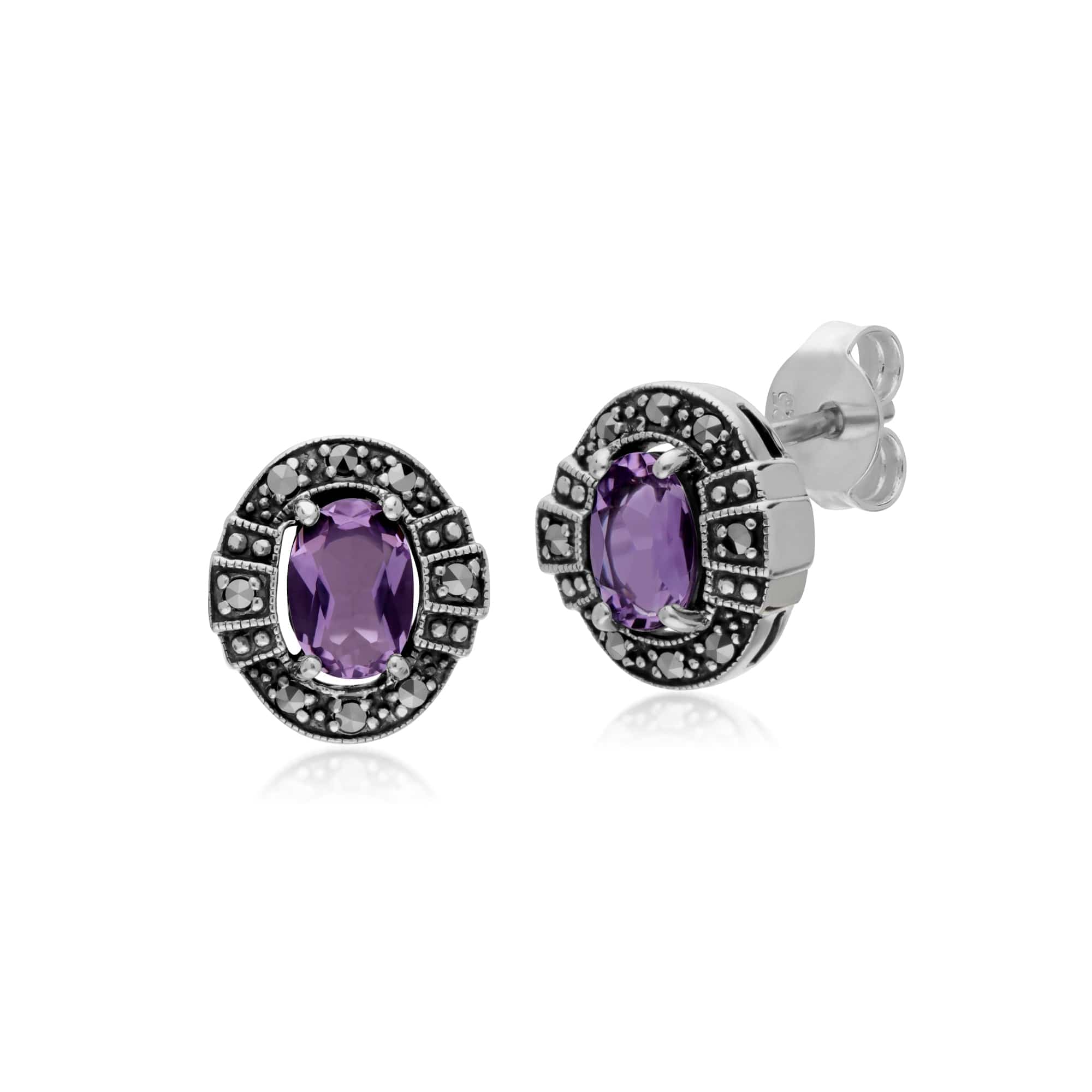 214E873002925-214R605702925 Art Deco Style Oval Amethyst and Marcasite Cluster Stud Earrings & Ring Set in 925 Sterling Silver 2