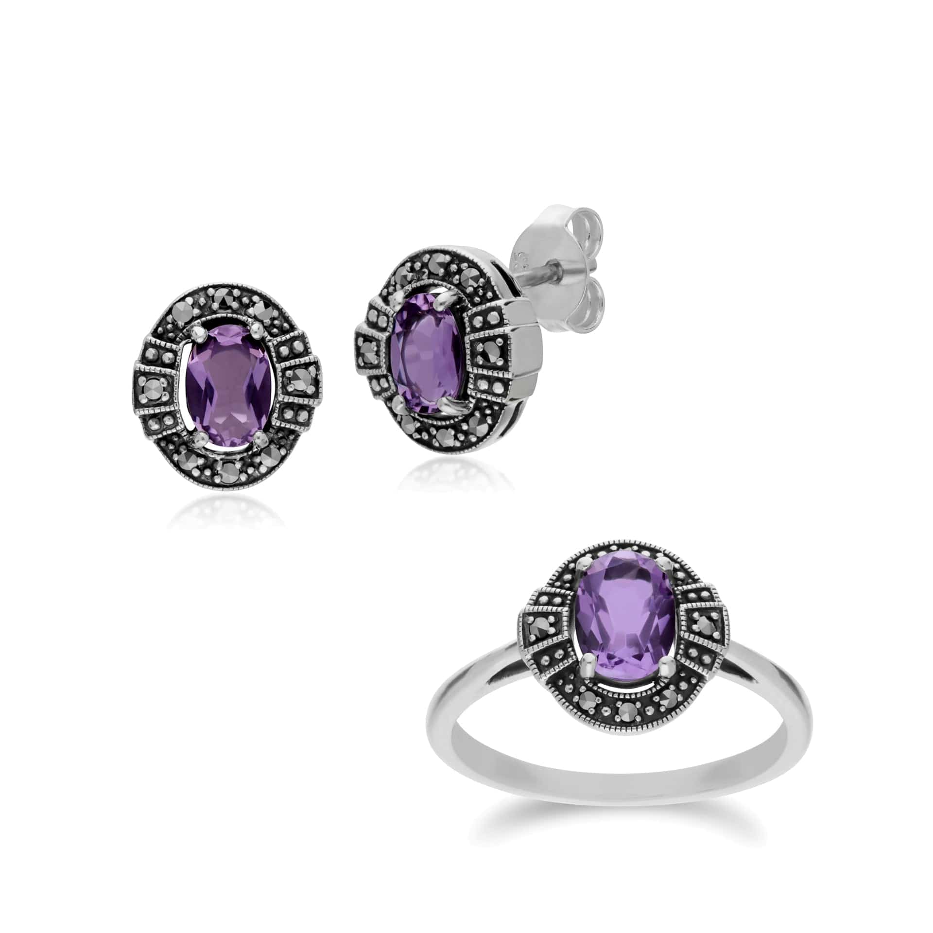 214E873002925-214R605702925 Art Deco Style Oval Amethyst and Marcasite Cluster Stud Earrings & Ring Set in 925 Sterling Silver 1