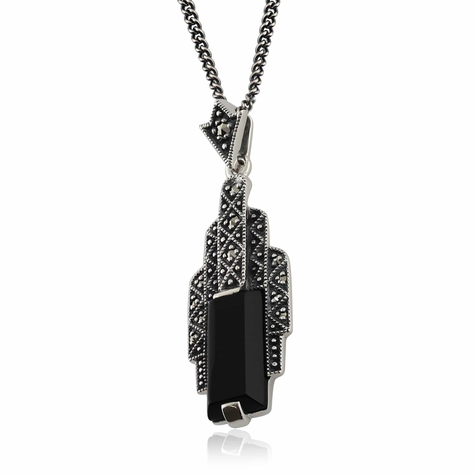 214N435801925 Art Deco Style Rectangle Black Onyx Cabochon & Marcasite Necklace In Sterling Silver 2
