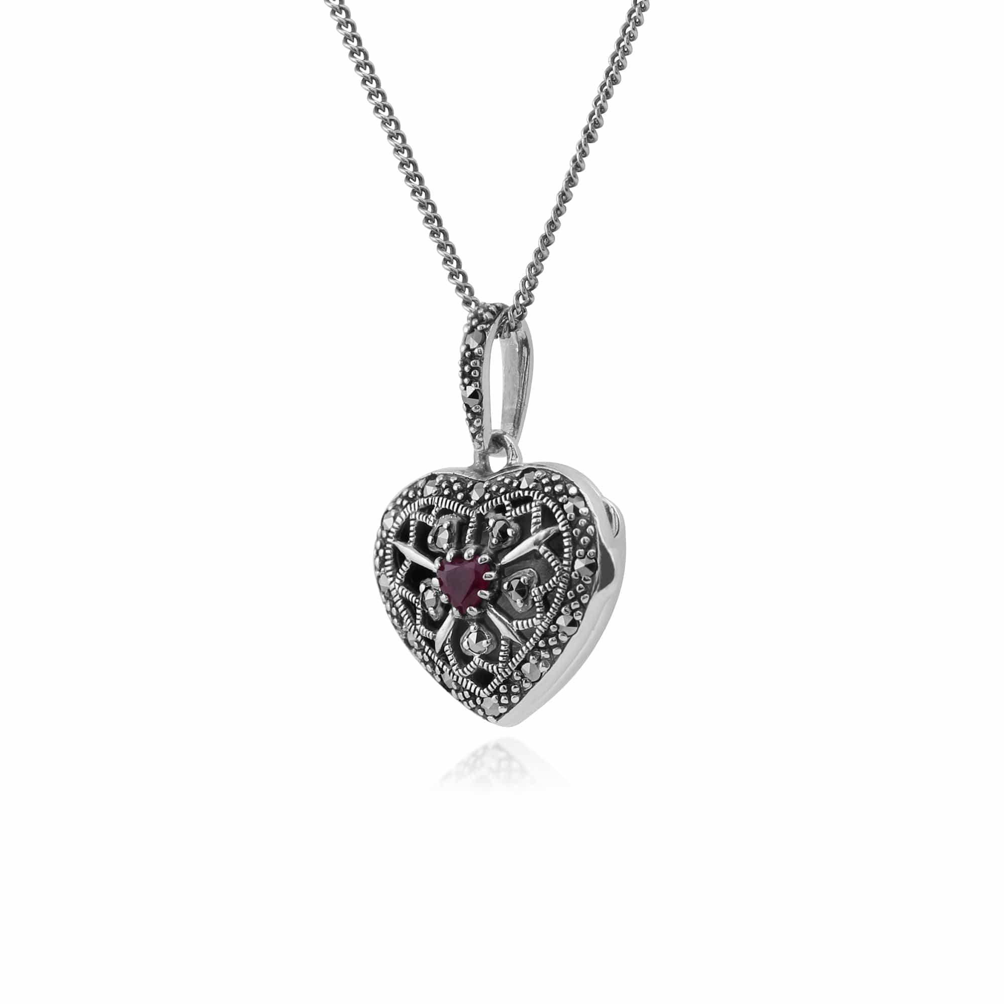 214N461911925 Art Nouveau Style Round Ruby & Marcasite Silver Heart Necklace 2