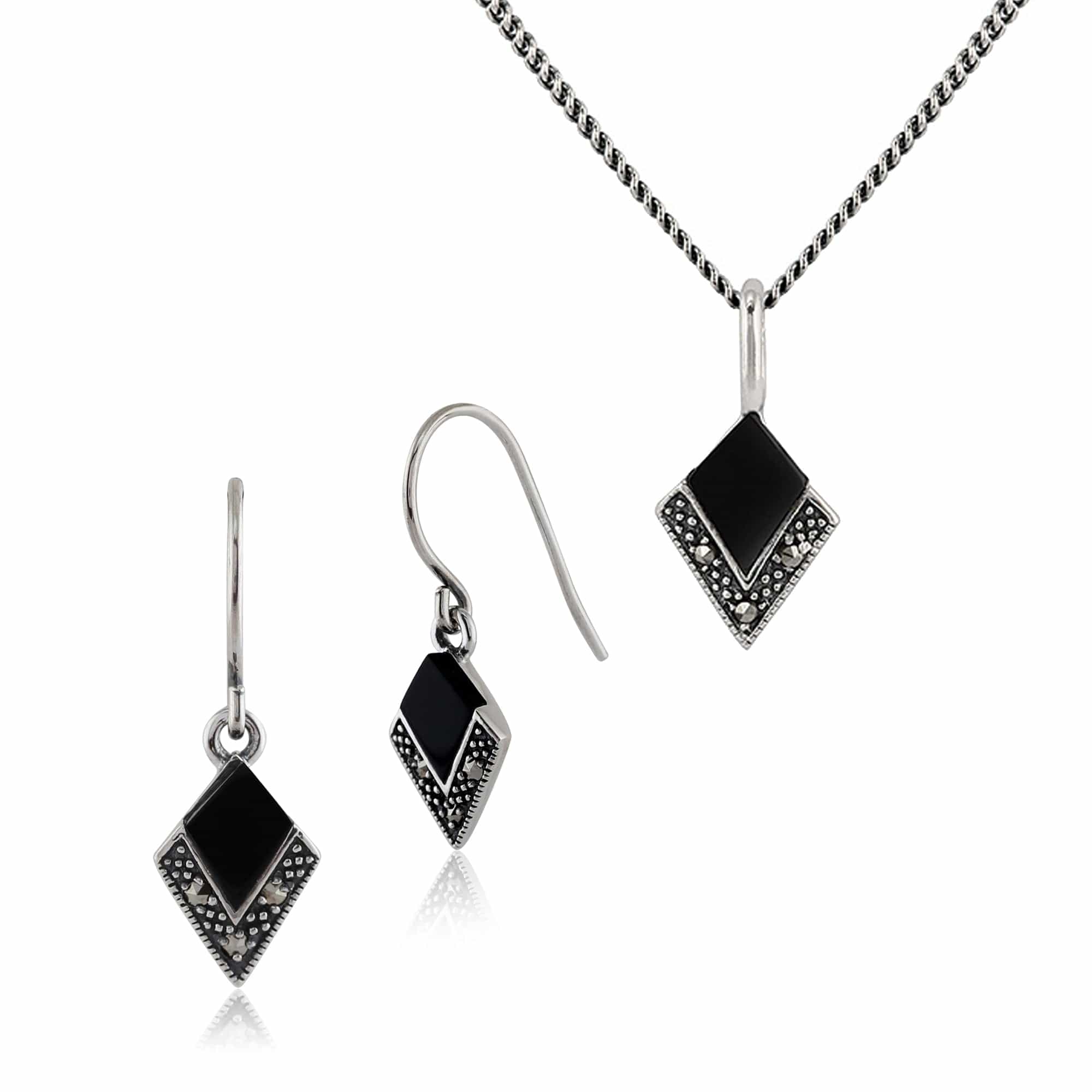 214E806901925-27078 Art Deco Style Style Black Onyx & Round Marcasite Kite Drop Earrings & Pendant Set in 925 Sterling Silver 1