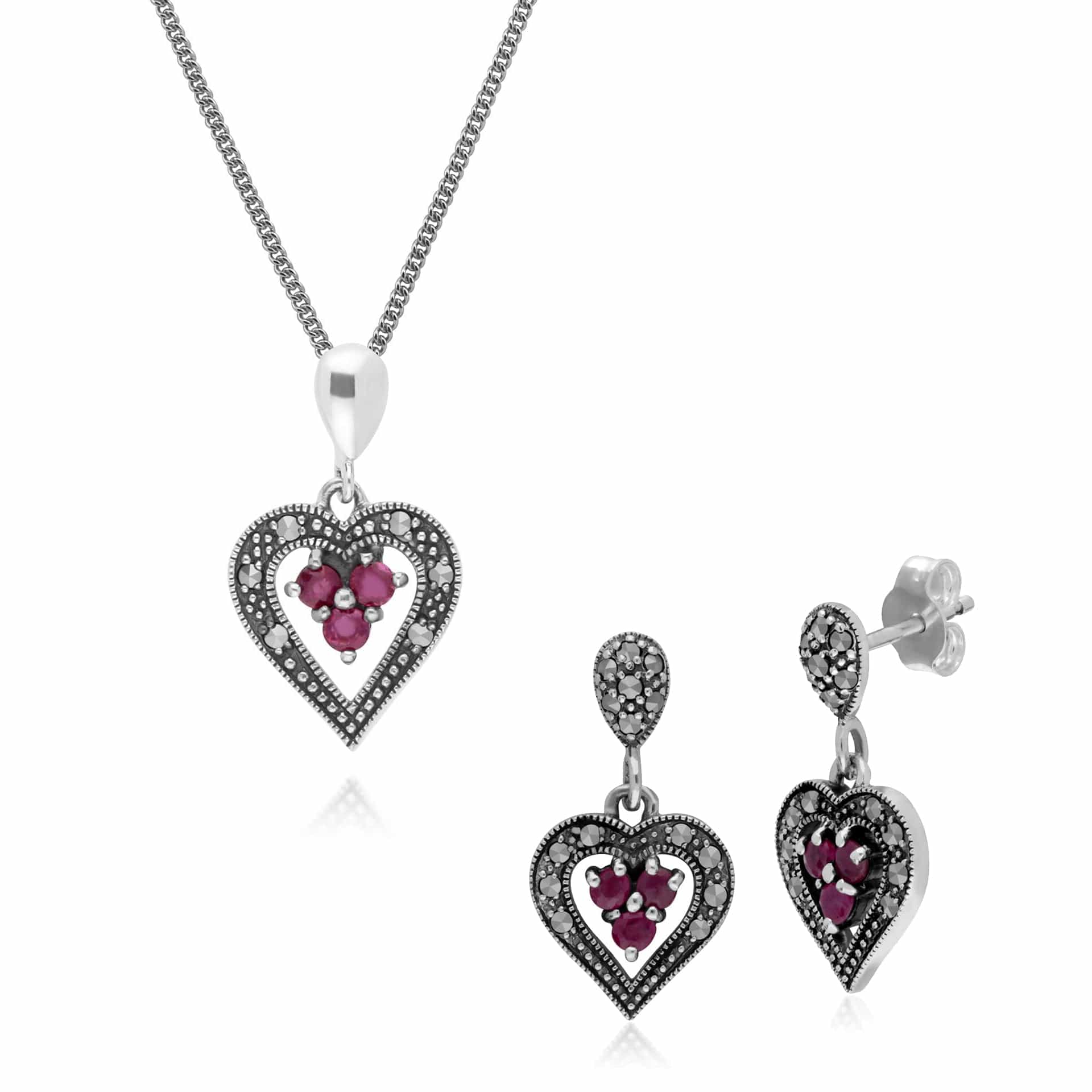 214E616102925-214N481204925 Art Nouveau Style Style Round Ruby & Marcasite Heart Earrings & Pendant Set in 925 Sterling Silver 1