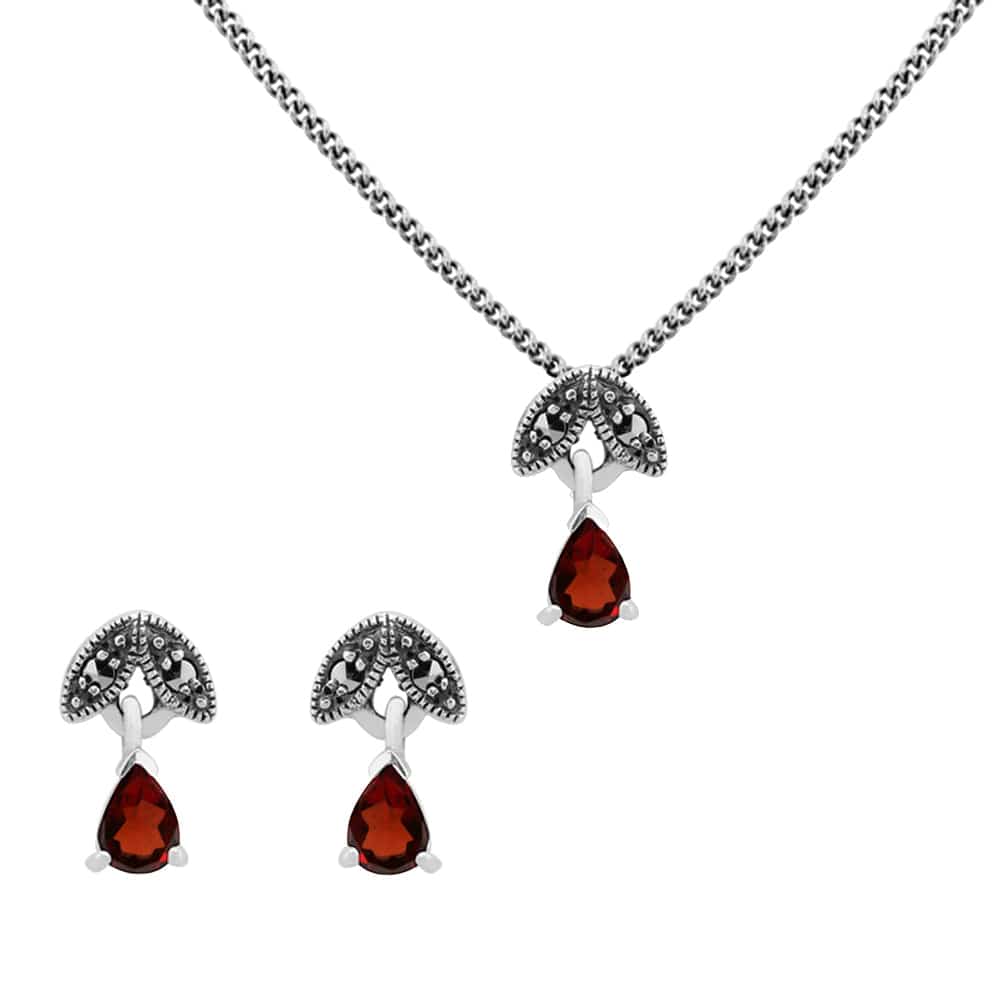 214E686108925-214N488905925 Art Deco Style Style Pear Garnet & Marcasite Leaf Stud Earrings & Pendant Set in 925 Sterling Silver 1