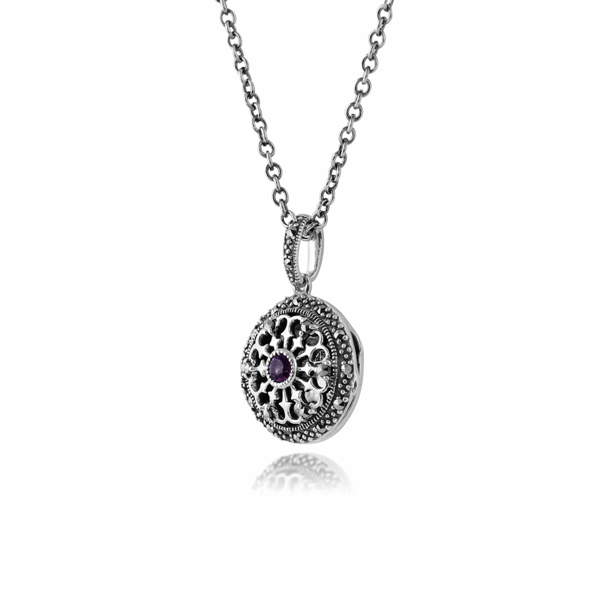 214N551101925 Art Nouveau Style Round Amethyst & Marcasite Locket on Chain in 925 Sterling Silver 2