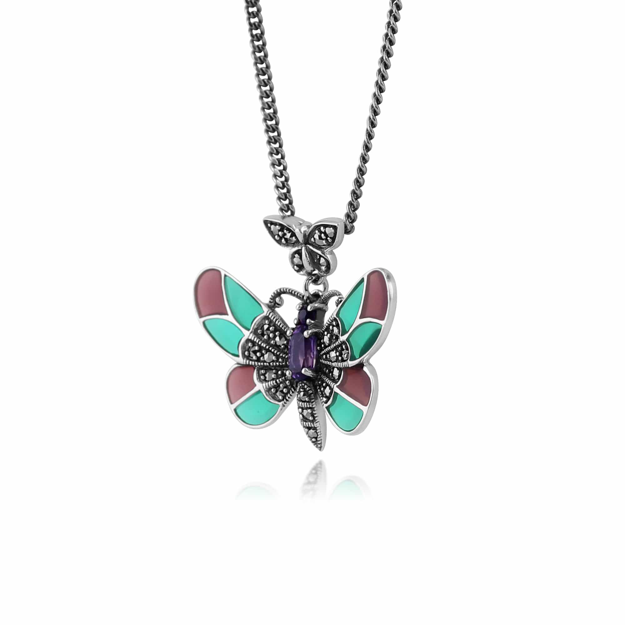 Art Nouveau Style Oval Amethyst, Marcasite & Enamel Butterfly Necklace in 925 Sterling Silver - Gemondo