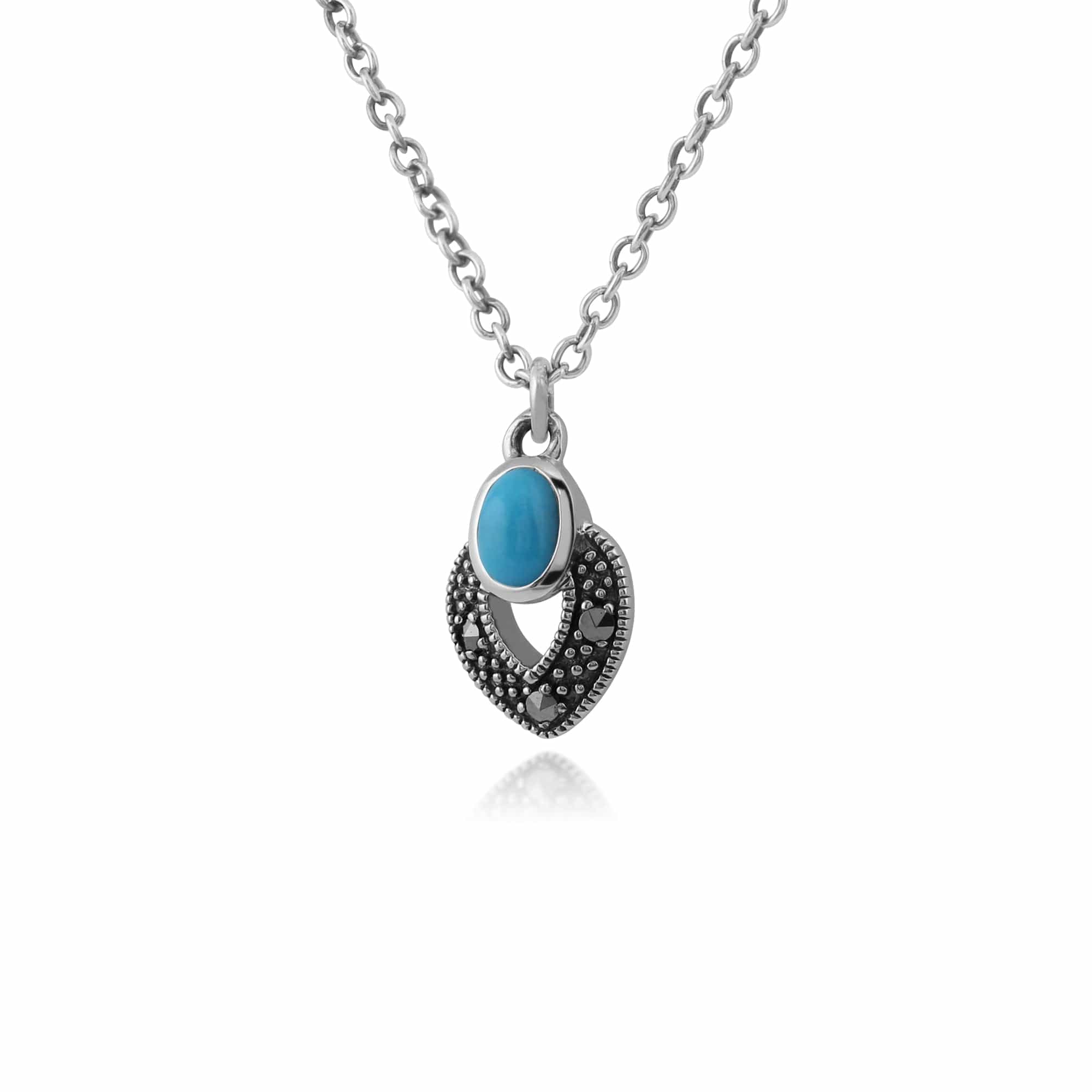 214N688202925 Art Deco Style Oval Turquoise & Marcasite Necklace in 925 Sterling Silver 2