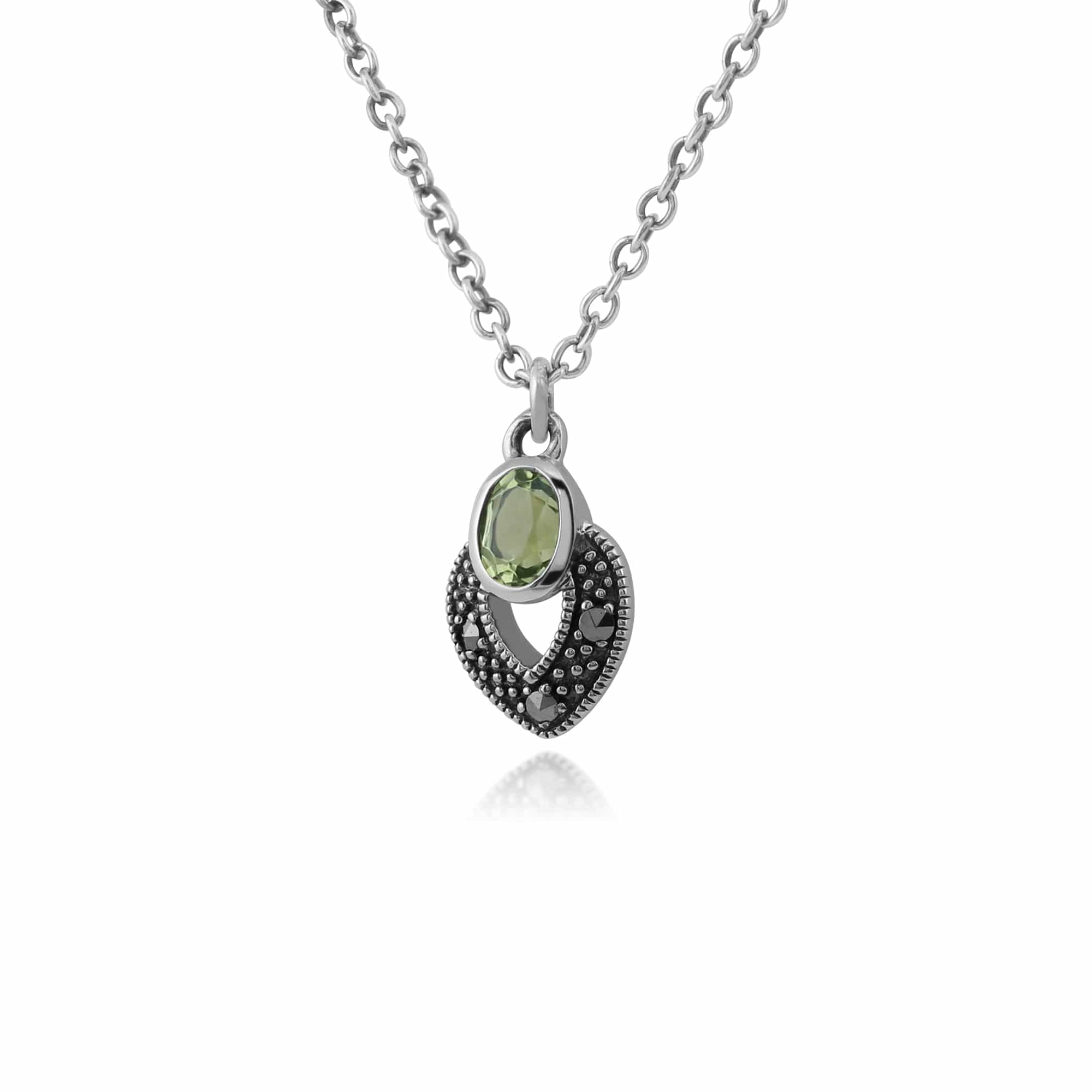 Art Deco Style Oval Peridot & Marcasite Necklace in Sterling Silver - Gemondo