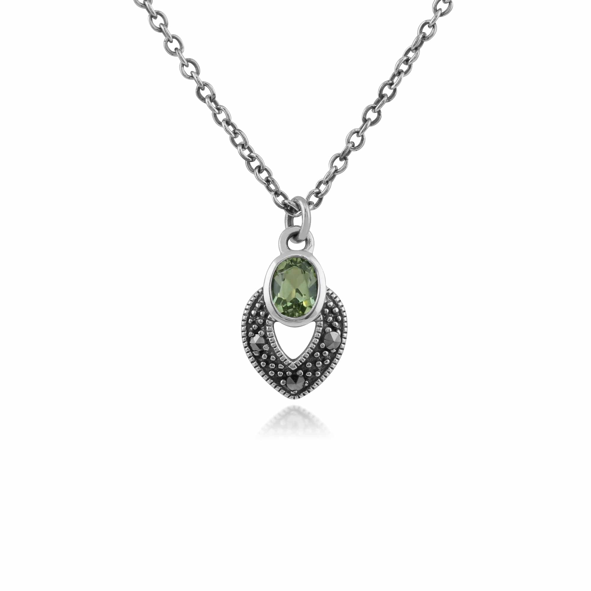 Art Deco Style Oval Peridot & Marcasite Necklace in Sterling Silver - Gemondo