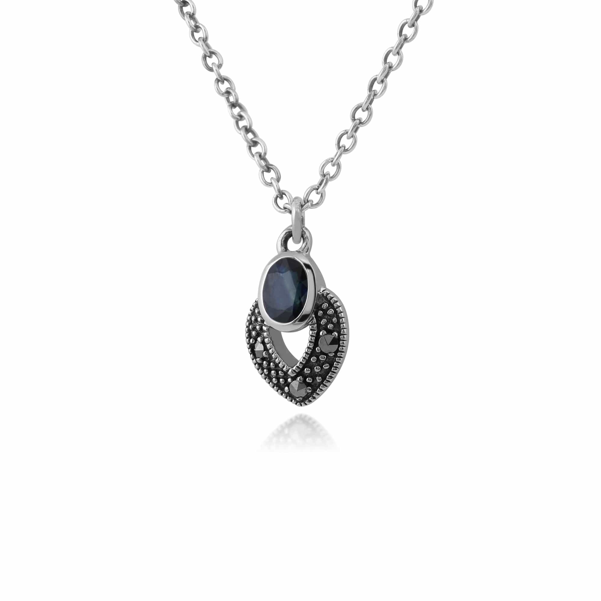 214N688212925 Art Deco Style Oval Sapphire & Marcasite Necklace in 925 Sterling Silver 2