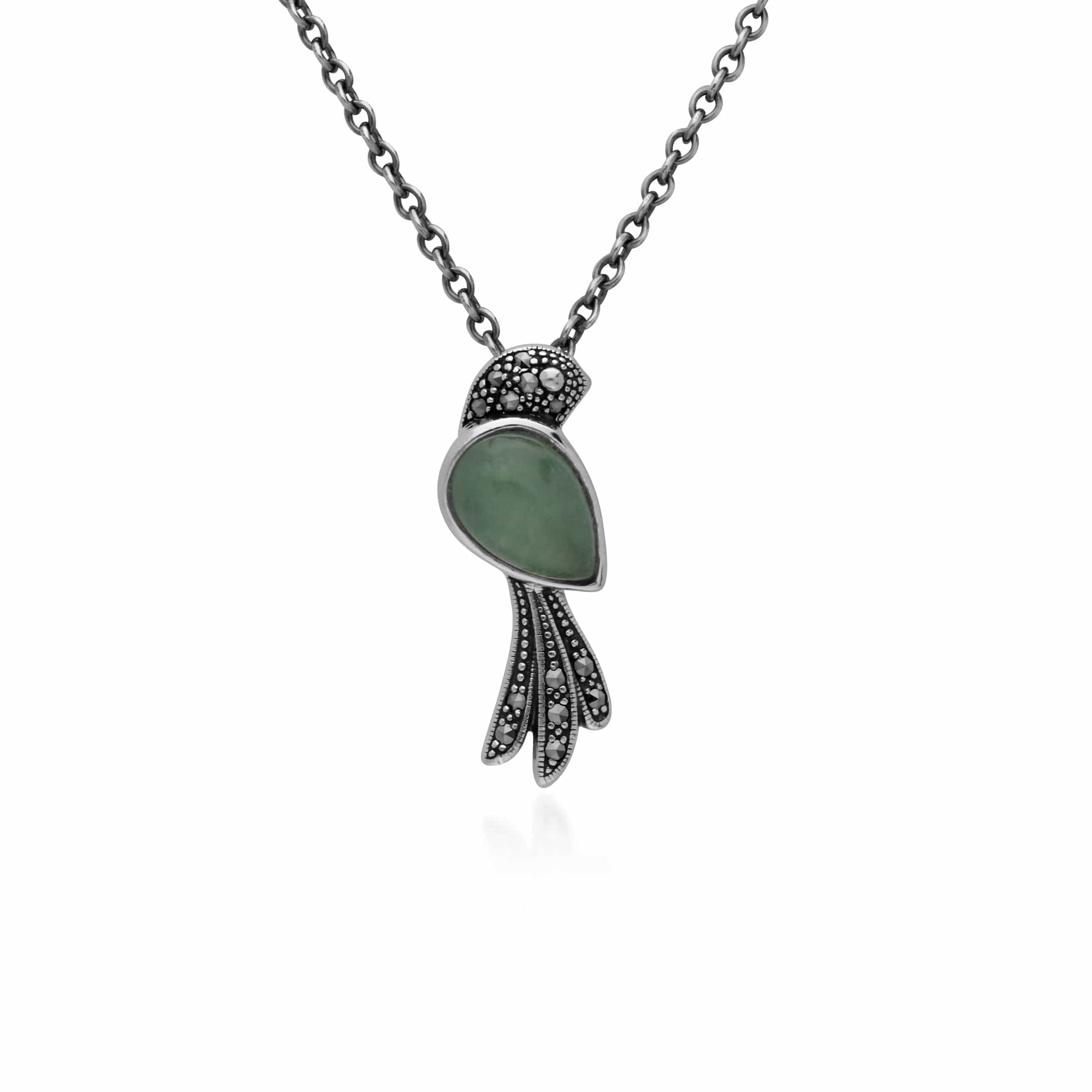 214N699702925 Classic Pear Green Jade & Marcasite Bird Necklace in 925 Sterling Silver 1