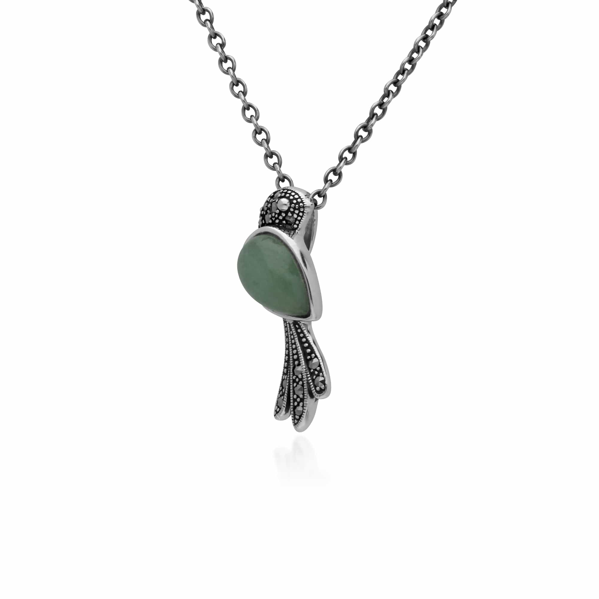 214N699702925 Classic Pear Green Jade & Marcasite Bird Necklace in 925 Sterling Silver 2