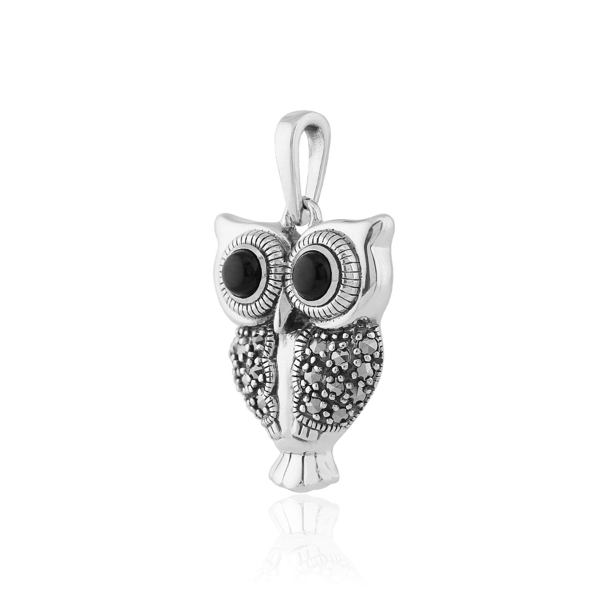 Art Deco Black Onyx & Marcasite Owl Pendant on Chain Image 2