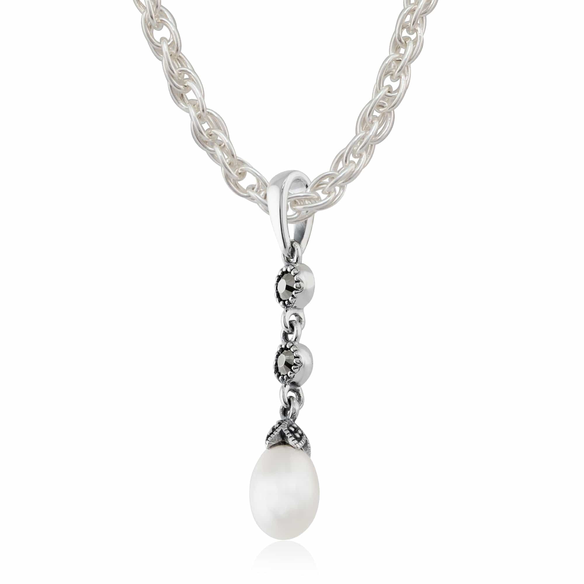 Art Nouveau Style Freshwater Pearl & Marcasite Pendant in 925 Sterling Silver - Gemondo