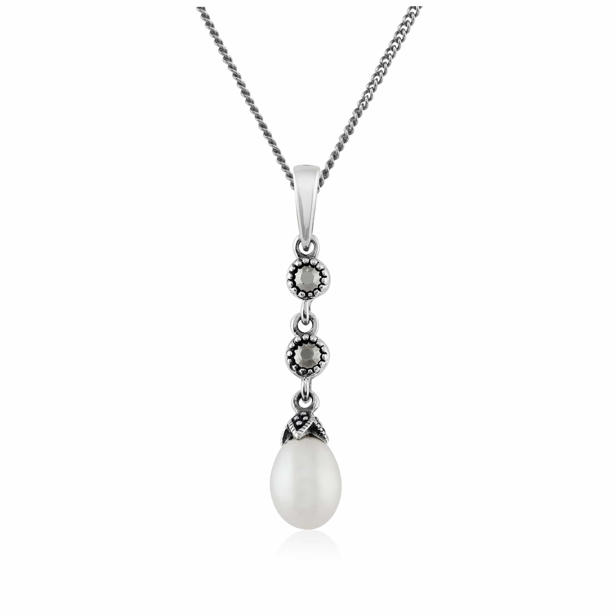 Art Nouveau Style Freshwater Pearl & Marcasite Pendant in 925 Sterling Silver - Gemondo