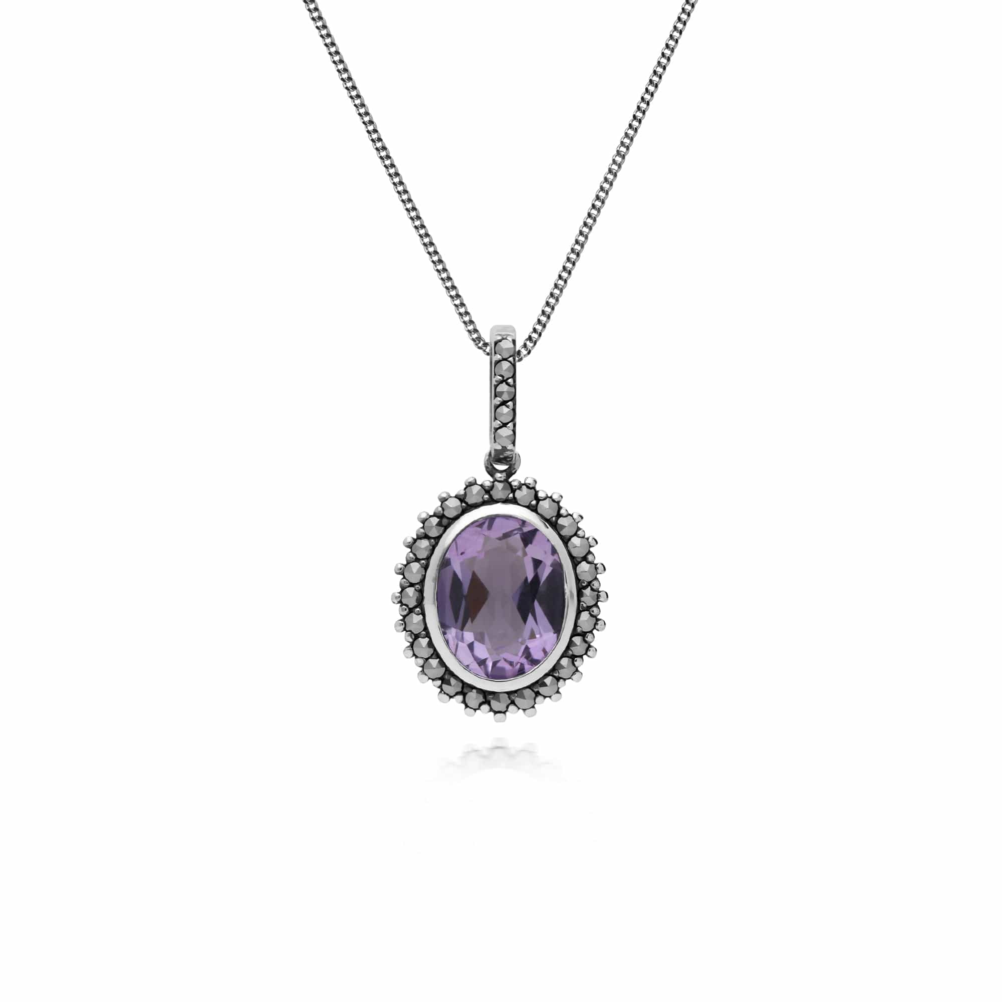 214P301402925 Gemondo Sterling Silver Amethyst & Marcasite Oval Pendant with 45cm Chain 1